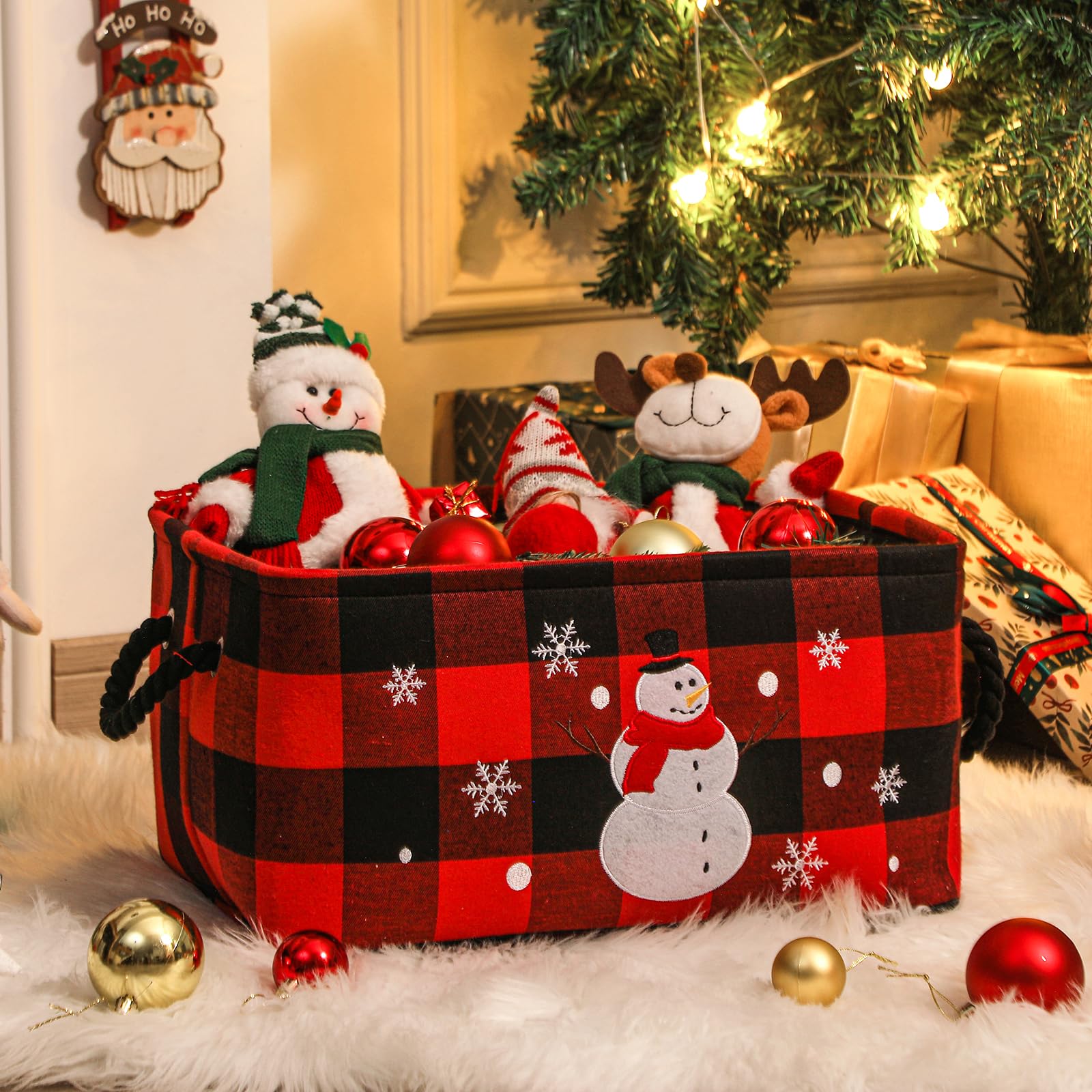 Cesto Portaoggetti Natalizio, Cestos di Natale Grande Scatola di Stoccaggio con Motivo Scozzese Classico, Pieghevole cose di Natale per la Casa Cestino con manico, Stile Rustico Organizer Cesta Regalo