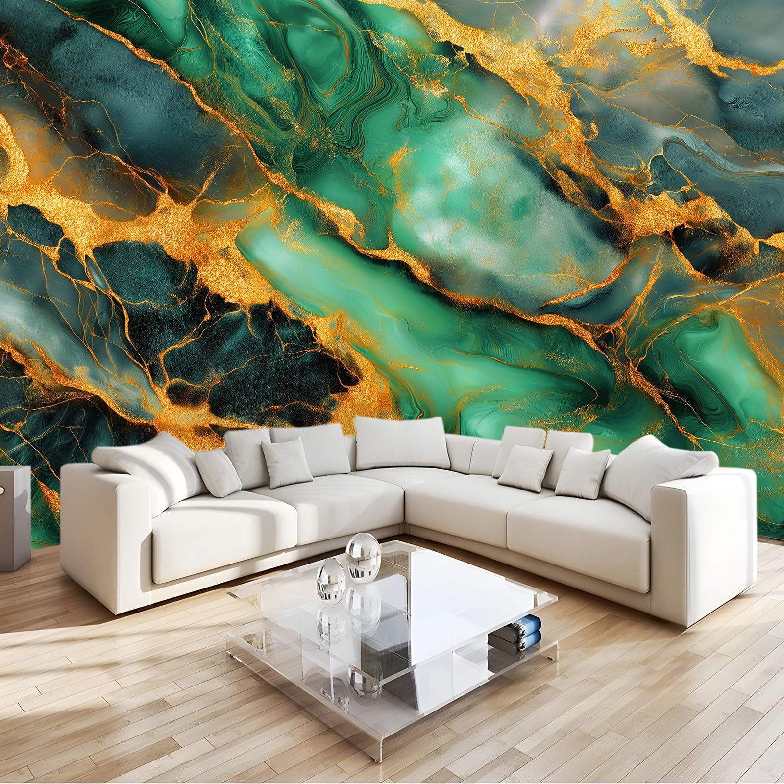 Générique Panoramiczna tapeta 3D, minimalistyczna tapeta z flizeliny, marmur z motywem złotych żył, do salonu, pokoju dziecięcego, biura, pokoju XXL, dekoracja ścienna, 350 x 256 cm, łatwa instalacja