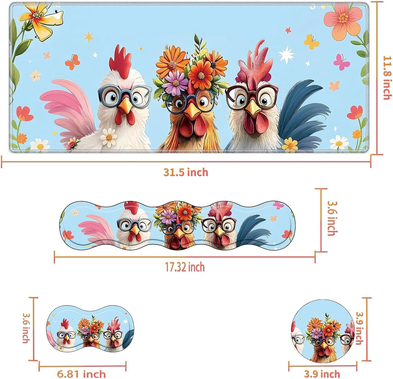 Desk Mat Large Gaming Mouse pad Set 31.5x11.8 inch [4in1Mousepad + Keyboard Wrist Rest+Mouse Wrist Rest+Coaster ] with Ergonomic Desk Pad for Home Office Table Computer - Cute Chicken - Image 3