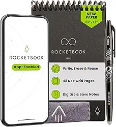 Rocketbook Novo mini bloco de notas inteligente reutilizável, tamanho de bolso 9,5 x 14,5, preto - páginas pontilhadas, conectadas a aplicativos, apagável, ideal para anotações rápidas em qualquer