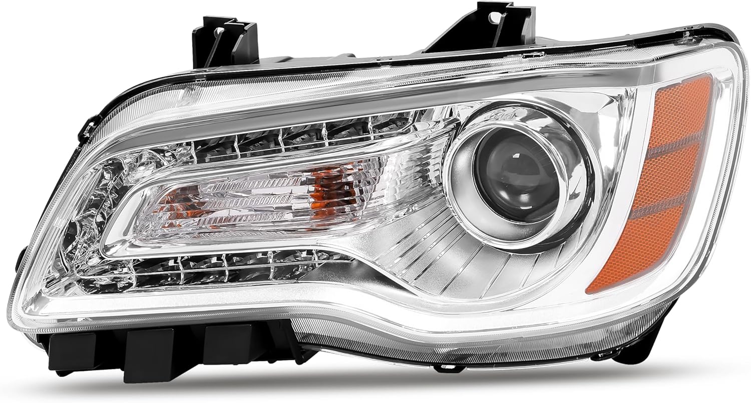 KUAFU Halogen Headlight Assembly Compatible with 2011-2023 Chrysler 300 DRL Chrome Housing & Amber Reflector Left Driver Side (Bulbs Are Included) Replacement for CH2502231