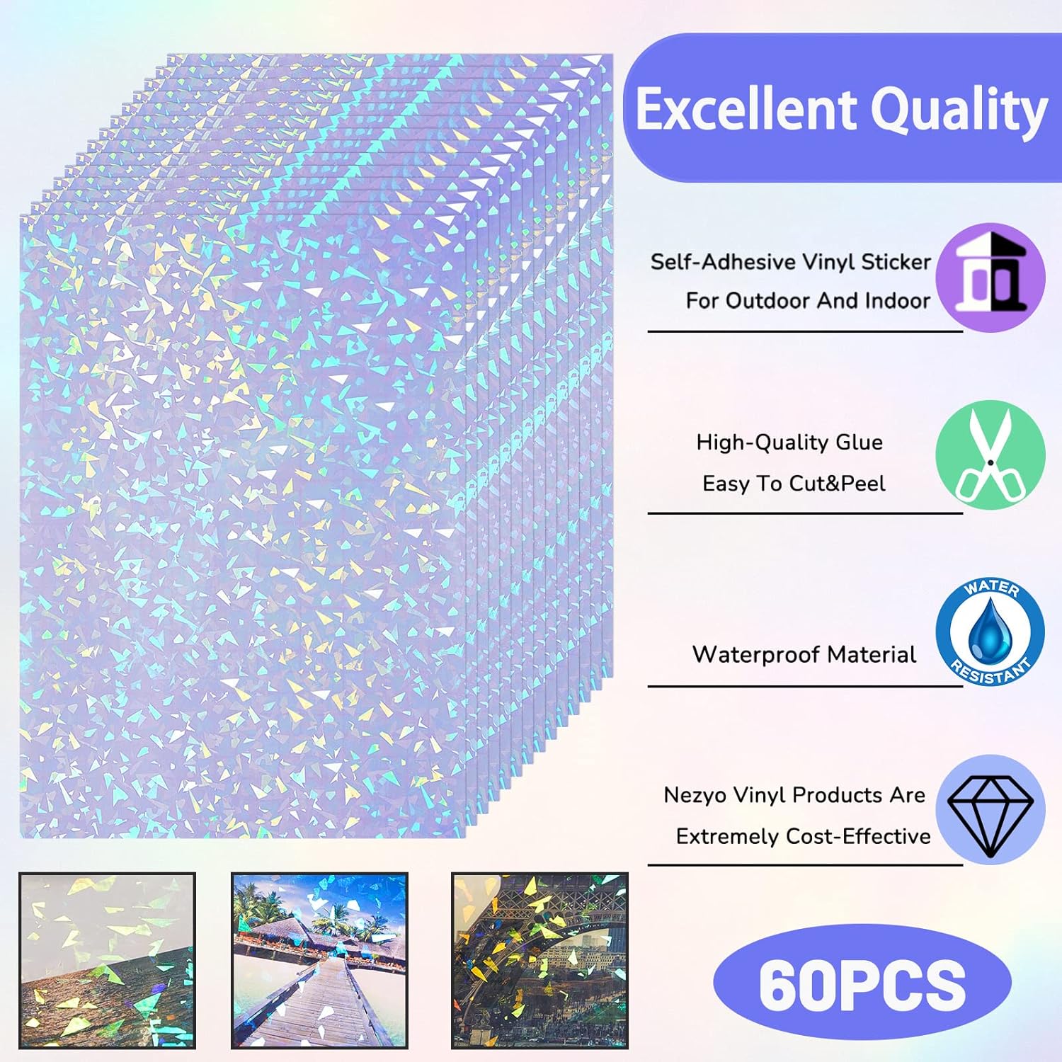 60 Sheets Holographic Laminate Sheets Clear Glitter A4 Size Vinyl Sticker Paper Holographic Overlay Self Adhesive Waterproof Transparent Film, 11.7 x 8.3 Inch (Broken Grass)