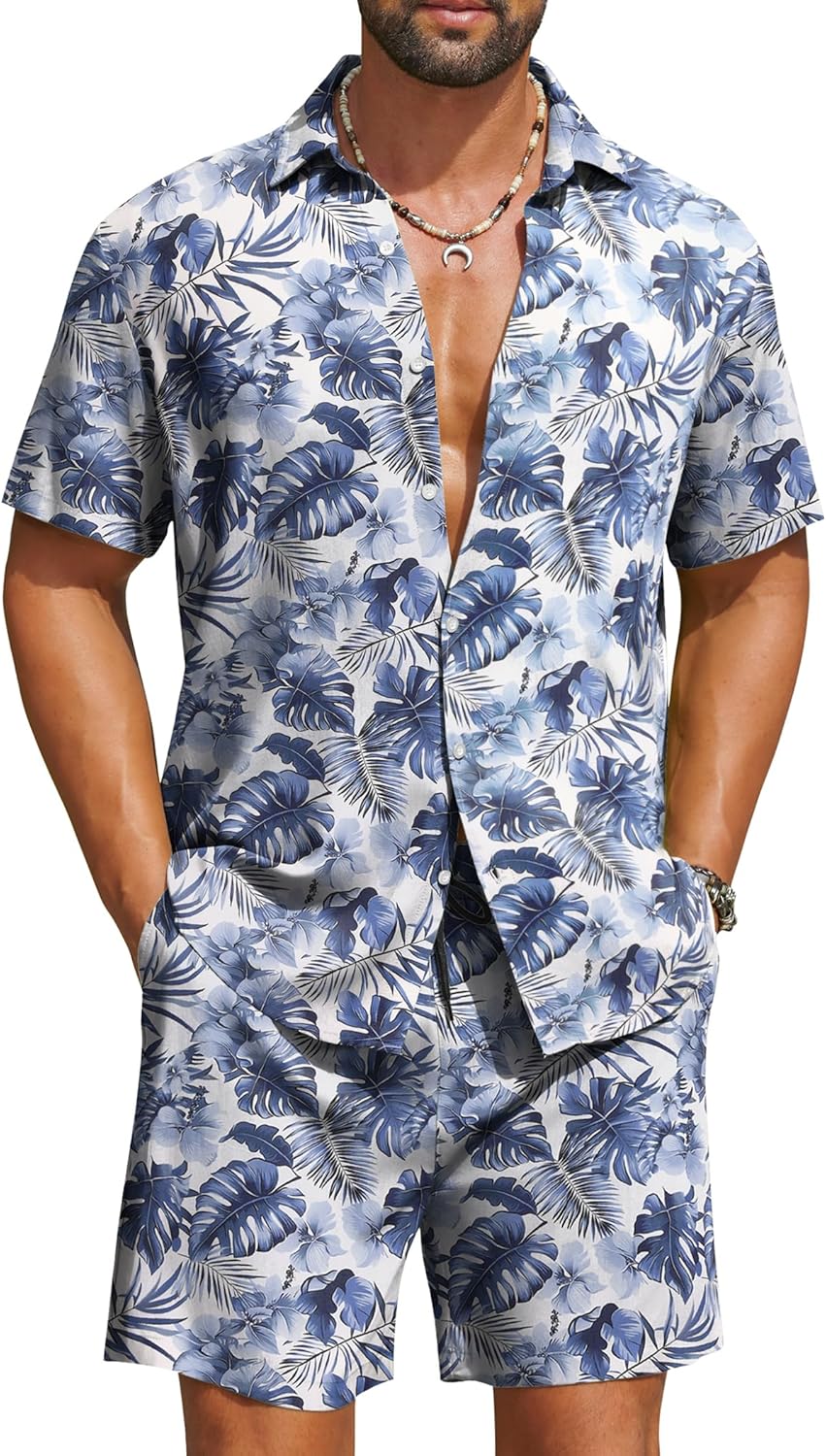 COOFANDY Men's Hawaiian Matching Set Summer Beach 2 Piece Outfits Flower Button Down Shirts and Shorts Vacation Outfits