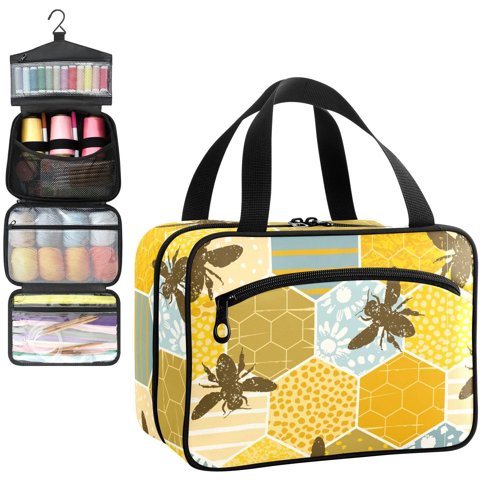 YNNALE Sewing Supply Organizer Bag, Geometric Pattern Bee Beehive Portable Sewing Bags with Pockets&Hanger, Sewing Storage Box Case for Sew Supplies/Kit/Tools/Accessories (BAG ONLY)