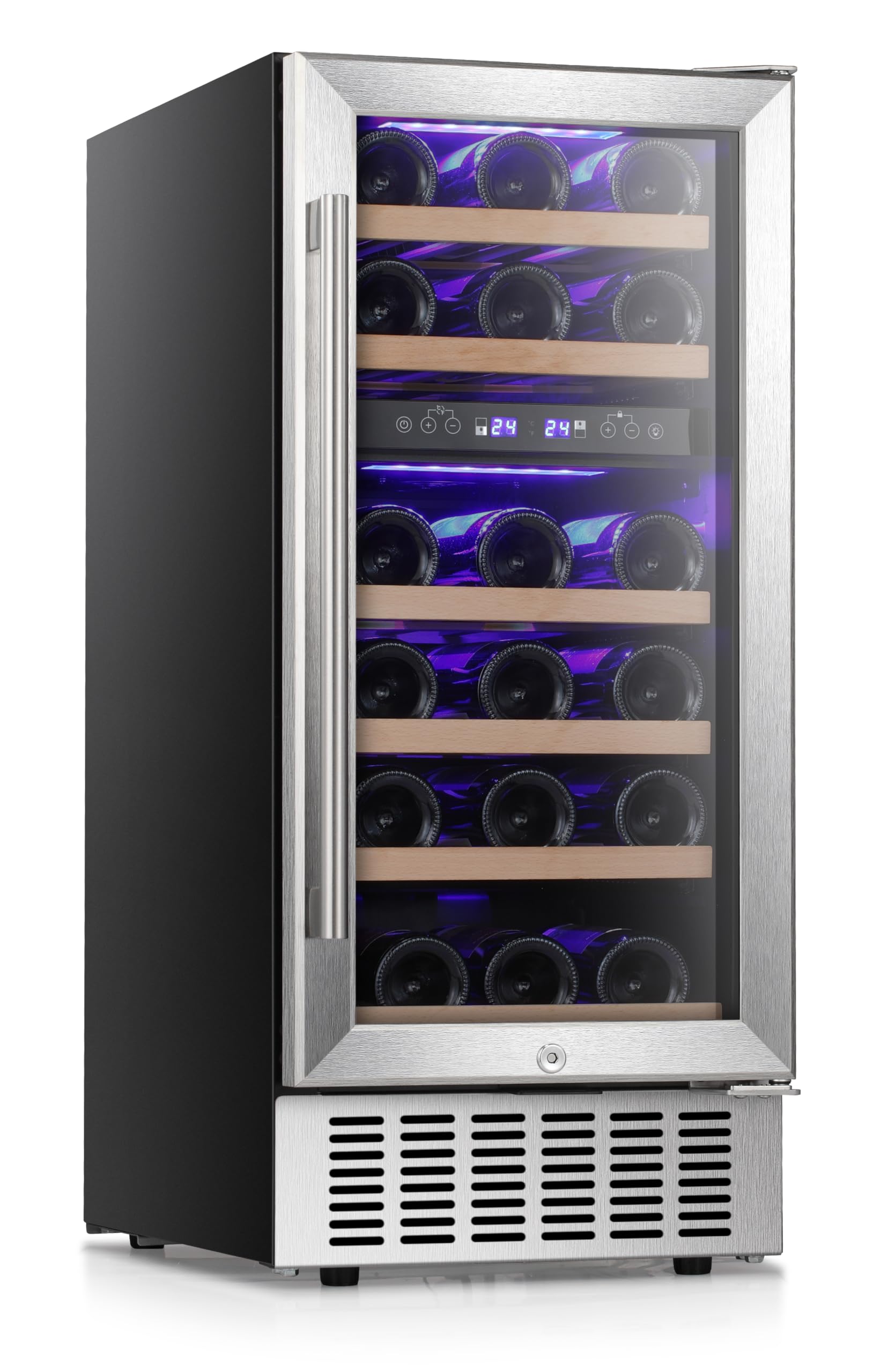 Mini refrigerador Antarctic Star de 15 litros para vinos, refrigerador para bebidas bajo encimera, refrigerador para cerveza, vino y 28 botellas, doble zona, integrado, independiente, de acero inoxidable, con puerta de vidrio templado de doble capa.
