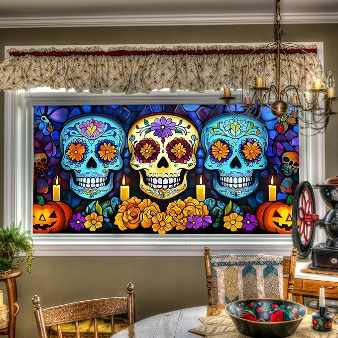Dia de Los Muertos Window Film 39.3x17.7 Inch Day of The Dead Window Cling Halloween Sugar Skull Window Sticker with Pumpkin and Marigold Gothic Calavera Glass Decal