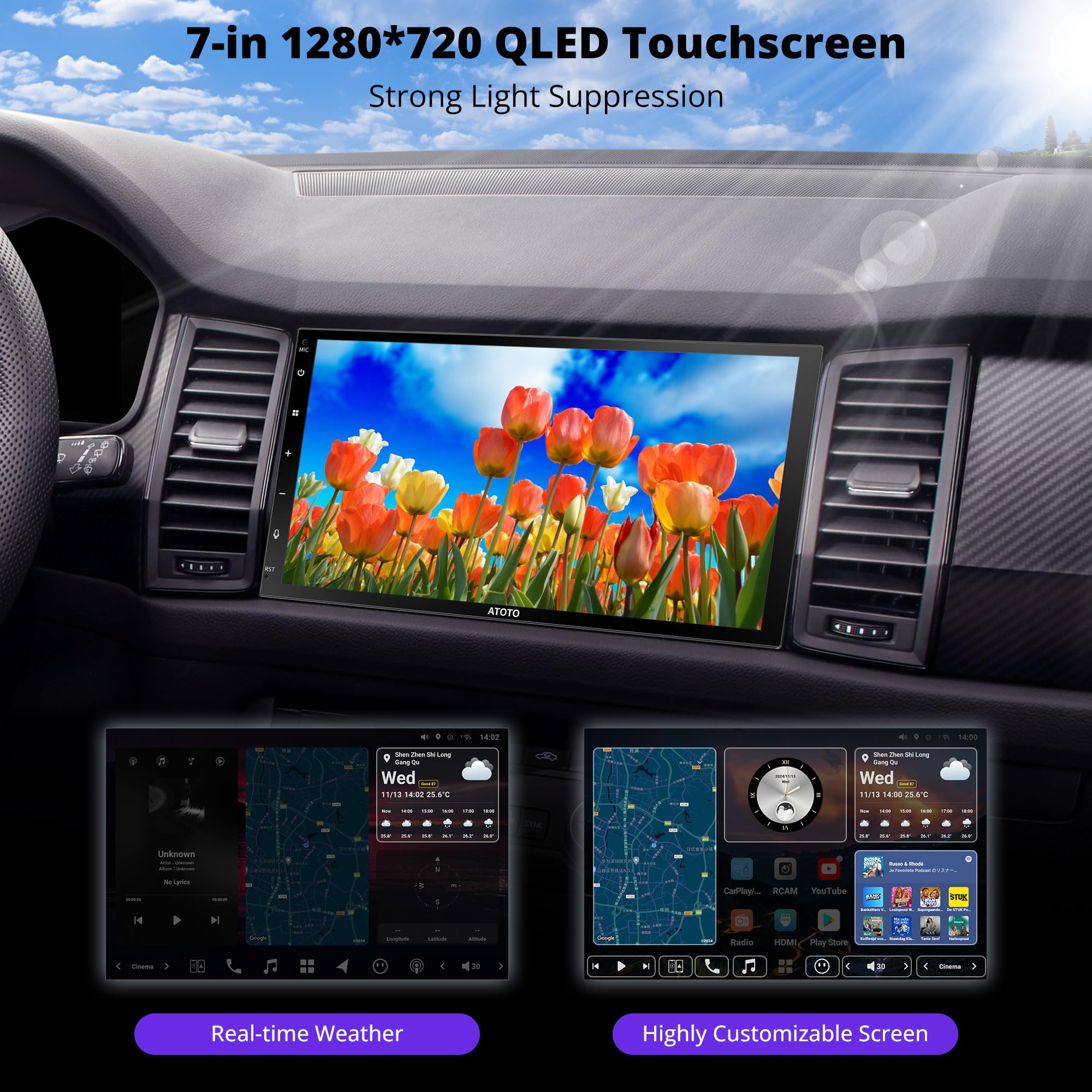 7? QLED Double DIN Car Stereo, CarPlay & Android Auto, Support HDMI & Dual Bluetooth, 4G LTE & WiFi, GPS Navigation, 8GB + 128GB TF Card, DSP,Front & Rear Cameras Included