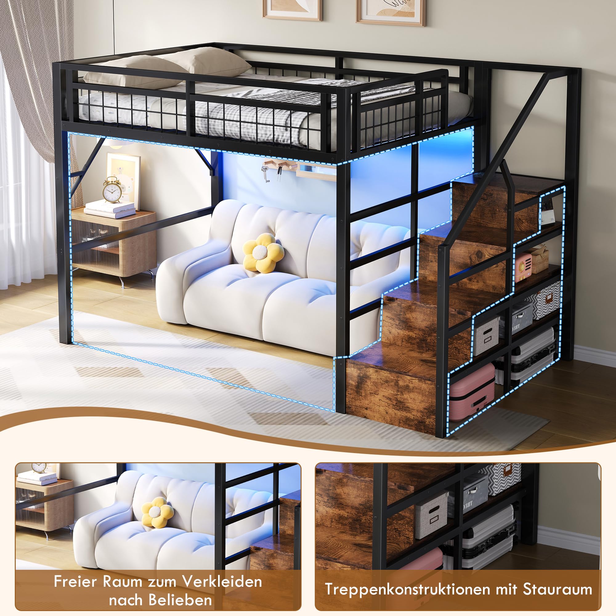 Letto a soppalco in metallo 140 x 200 cm, con luce LED, Letto matrimoniale a soppalco, spazio utilizzabile sotto il letto, scala di sicurezza con vano contenitore, Nero (materasso non incluso)