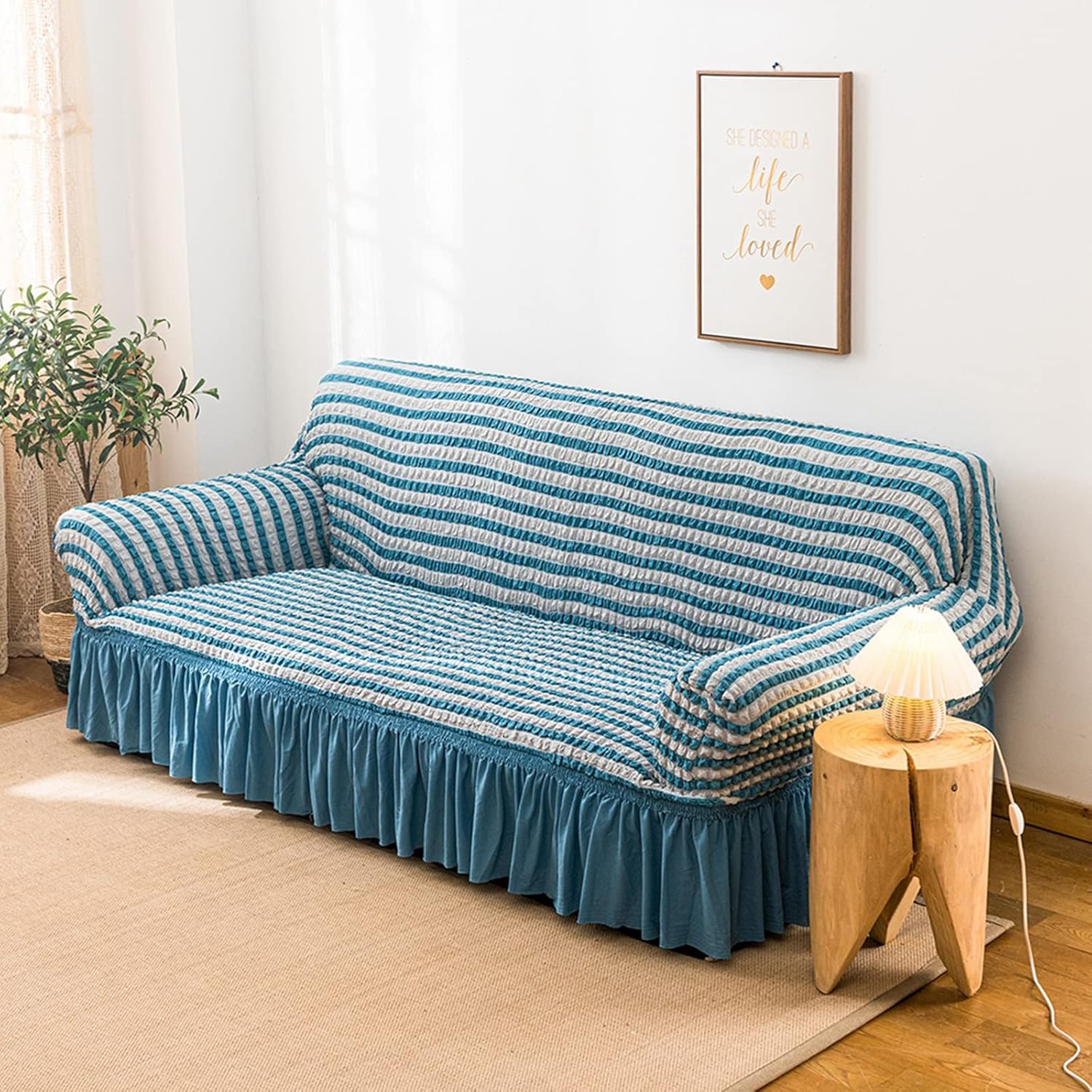 JIAN YA NA 1 Piece Sofa Slipcover with Skirt New Universal Cushion Couch Cover with Skirt Stretchable Durable Country Style Magic Sofa Couch Covers,for Dogs Cats Pets (Bicolor Blue,3 Seat)