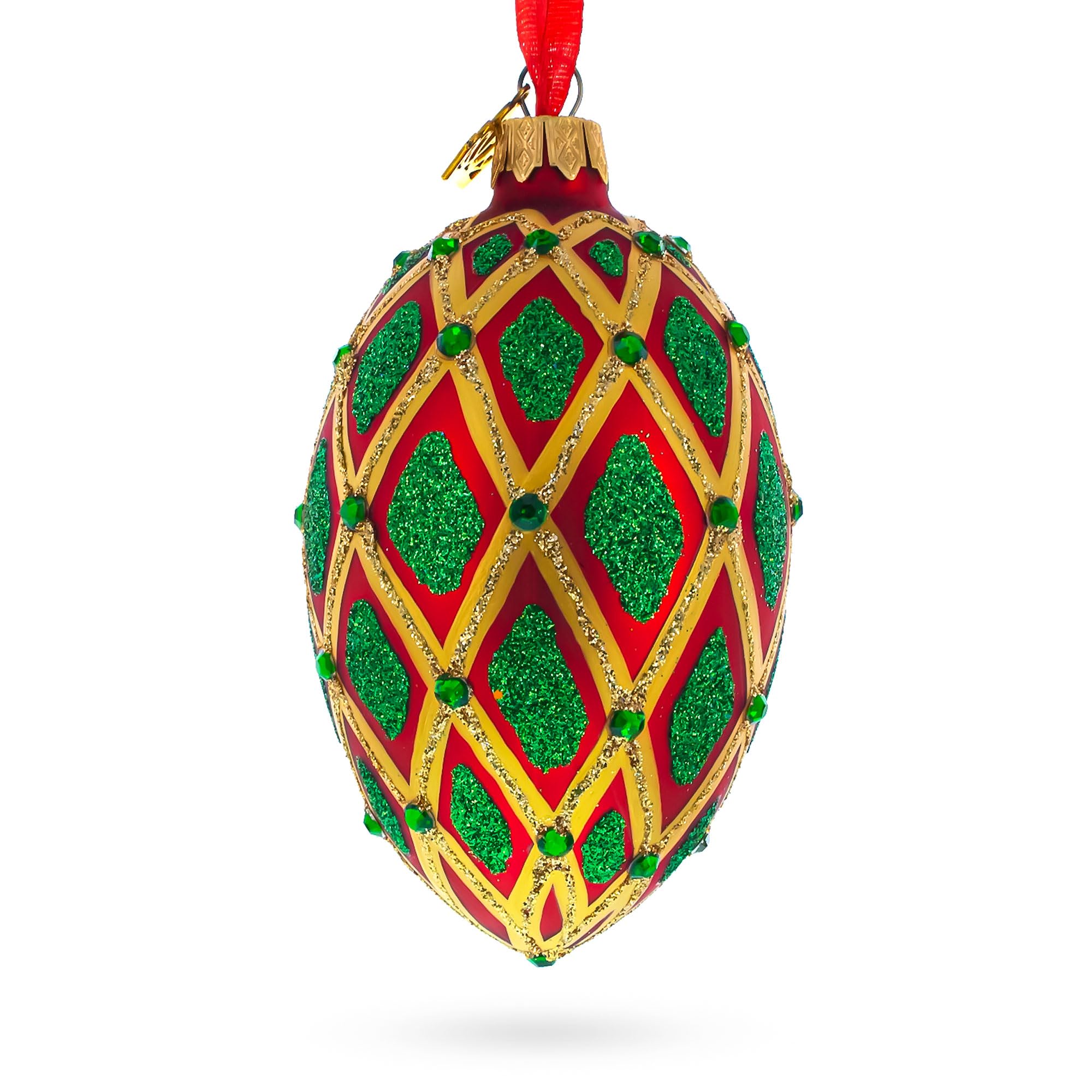 Adorno de Navidad de Huevo de Vidrio Rojo con IKAT Verde Joya de 4 Pulgadas