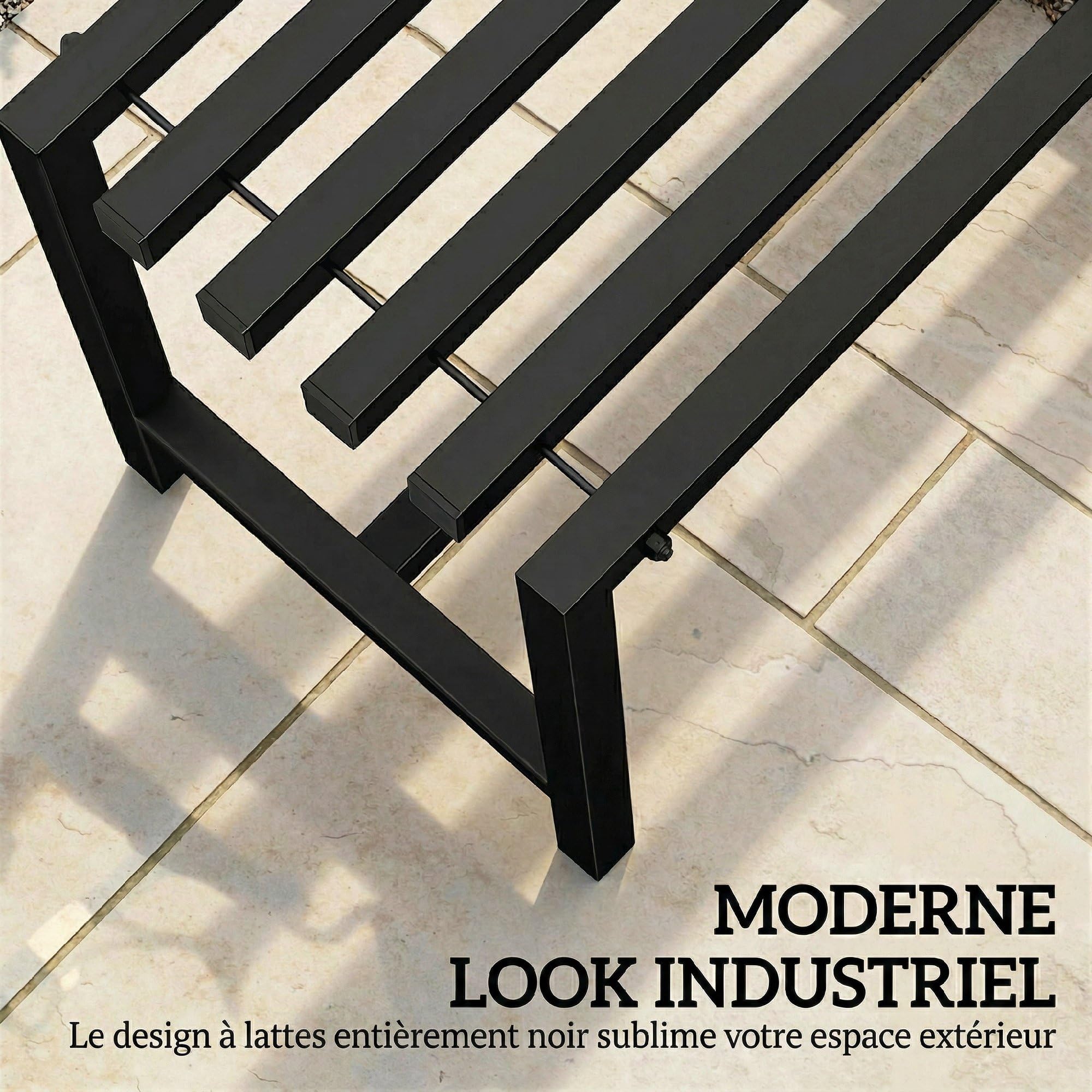 Outsunny Banc de Jardin 2 Places en Acier Galvanisé, Assise à Lattes, sans Dossier, Banc d'Extérieur pour Patio Balcon Parc Terrasse, Capacité 240 kg, 117x36x44cm, Noir