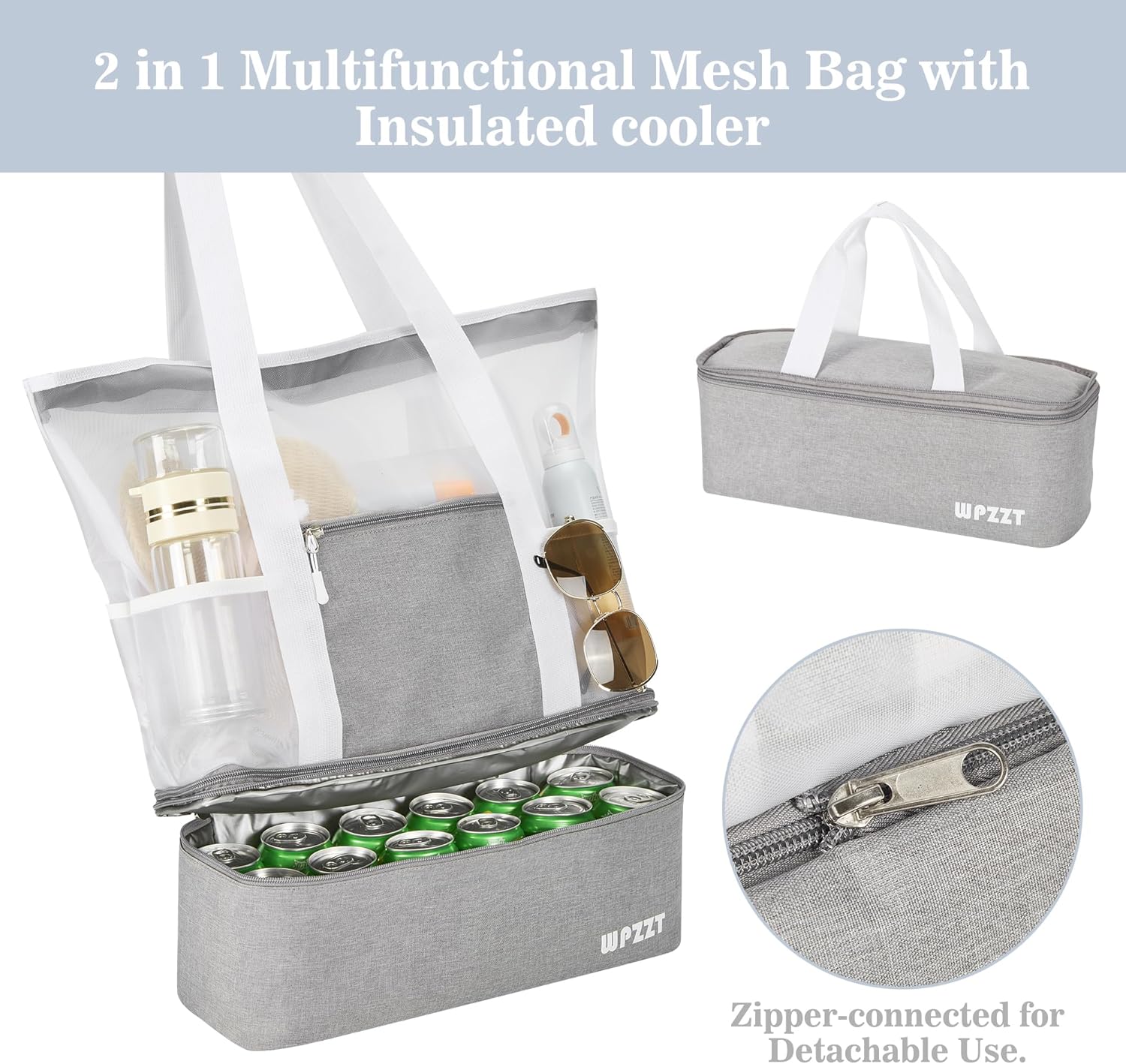 Beach Bag for Women, Mesh Beach Bag with Cooler, Waterproof Sandproof Vacation Essentials with Zipper for Swim Cruise Pool - Image 4