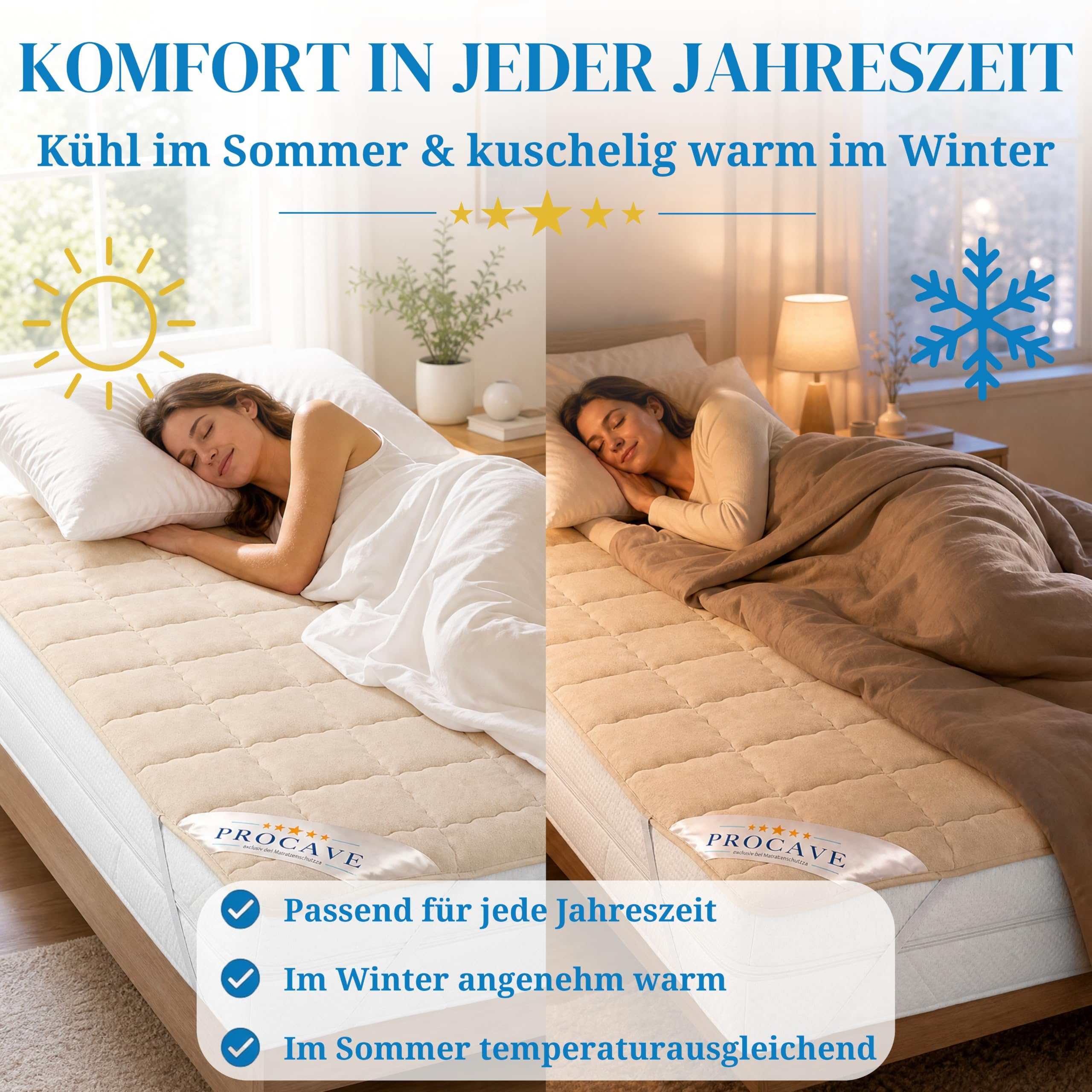 PROCAVE weiches Unterbett aus Schurwolle, atmungsaktiver Matratzen-Schoner, Matratzenbezug mit 4 Eckgummis,Matratzen-Auflage 180x200 cm