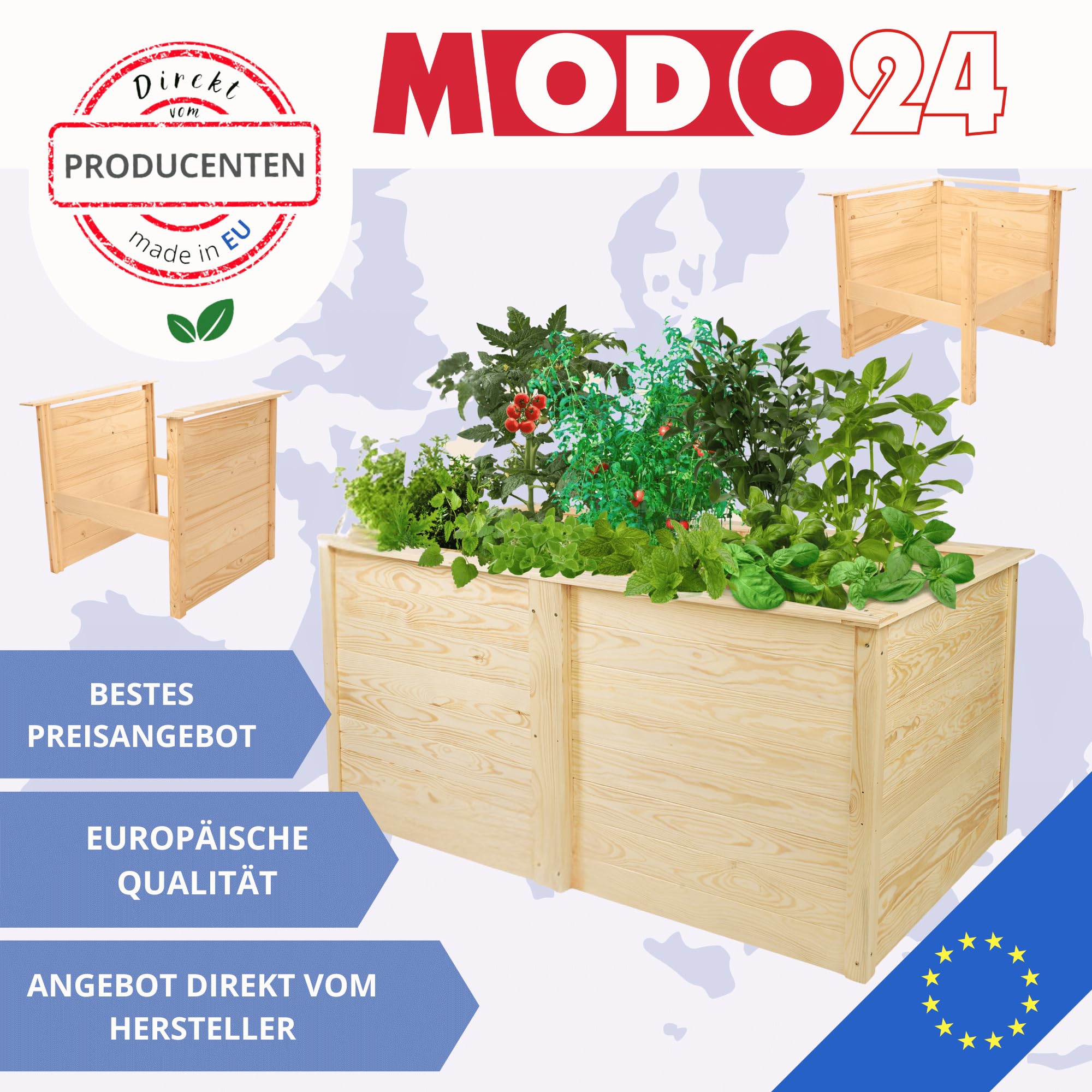 Hochbeet Holz XL, Modulares Blumenbeet & Gemüsekiste aus Kiefernholz, Blumenkasten, Gemüsebeet, Kräuterbeet, Anzuchtset, Anzuchtkasten, Wetterfest, Abmessungen 75x149x79 cm, Farbe: Braun