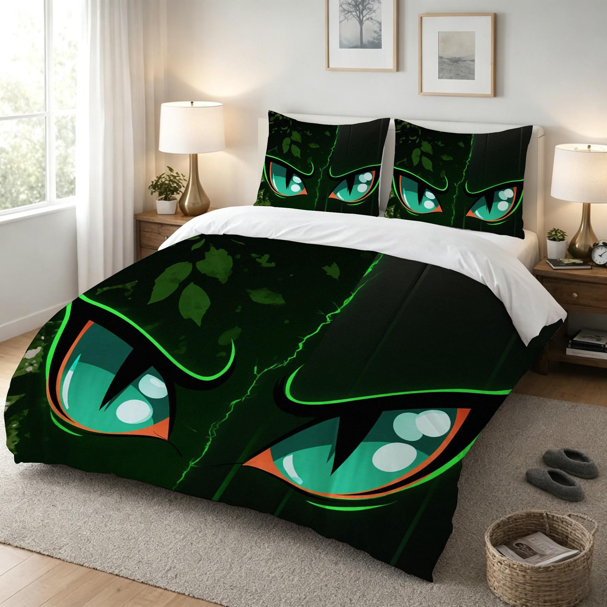 Funda Nórdica Cama 180, 240x260 cm Ojos Verdes, AQ2376 | 3D Estampado, con 2 Funda Almohada, con Cremallera Oculta, para Adultos Parejas, para Villa Dormitorio, Ligero Transpirable