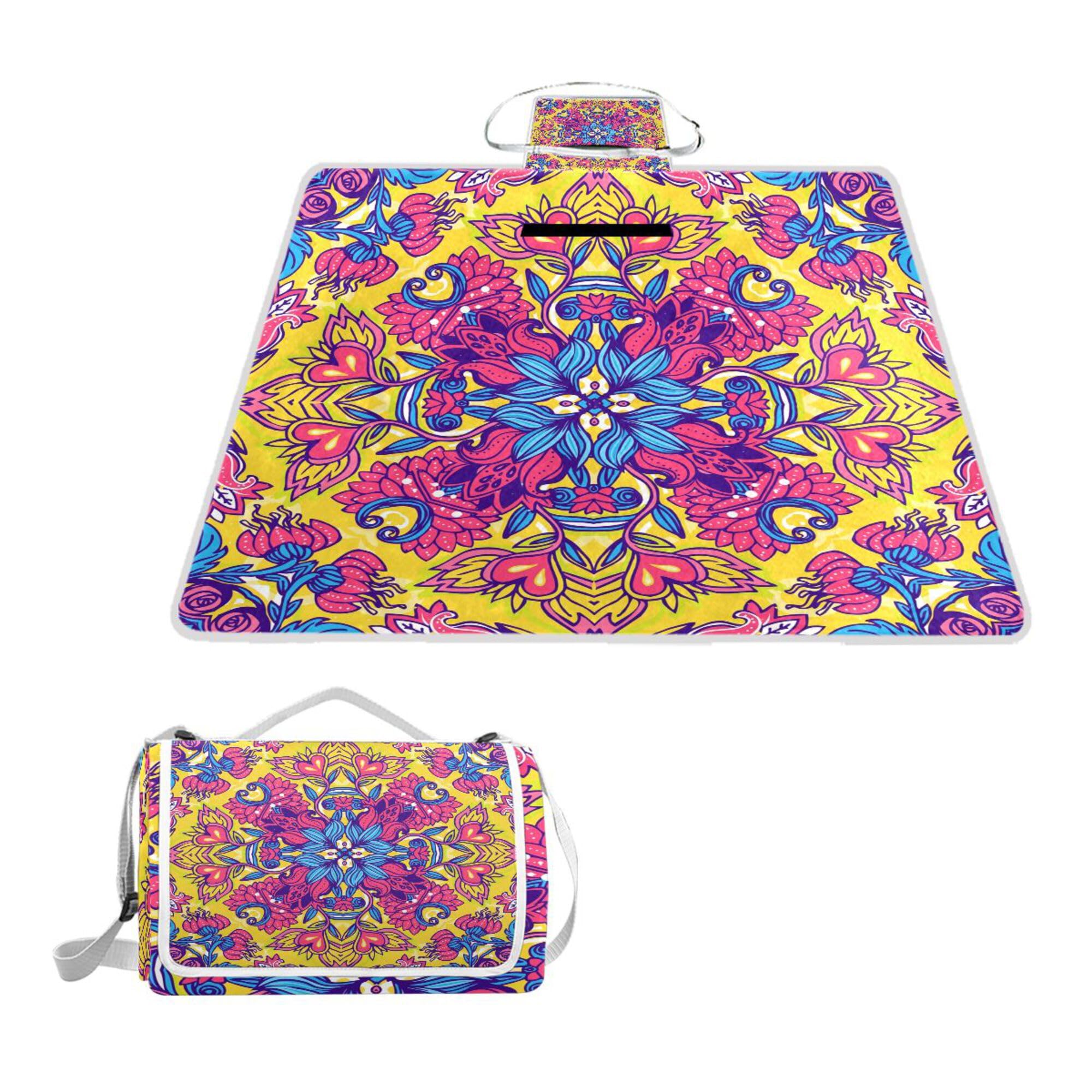 ALAZA Rectangle Waterproof Picnic Blanket, Floral Paisley Mandalas Pattern Portable Folding Indoors Rug Outdoors Mat for Travel Hiking Camping Park, 150cm x 145cm
