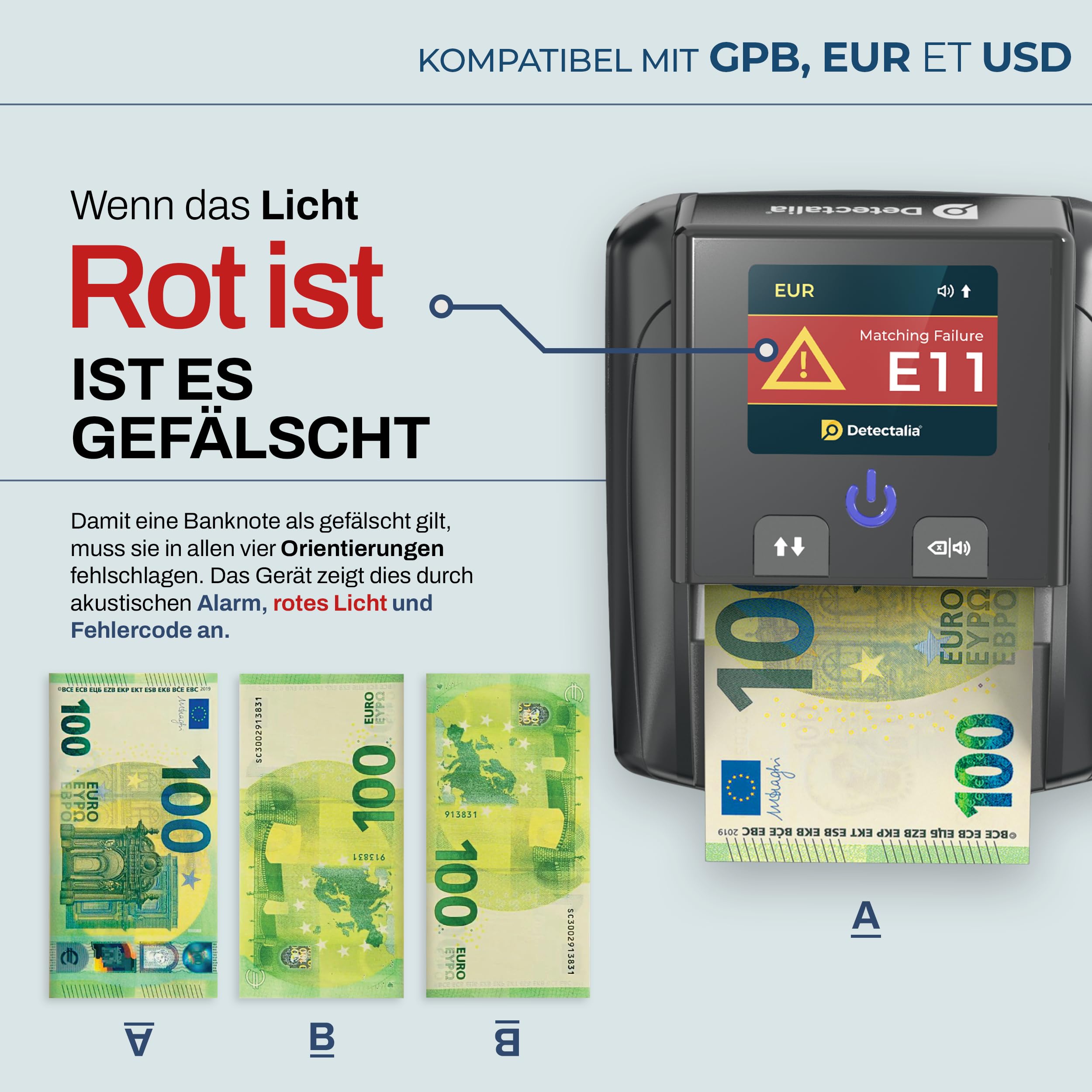 Detectalia D7T+, Falschgeldprüfer, getestet für EUR, GBP, USD, mit 5 Fälschungsprüfungen, mit Alarm, TFT-Display, EZB-Zertifiziert