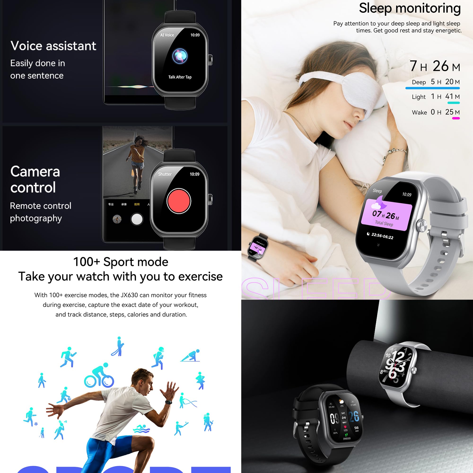 Reloj Inteligente Mujer con Llamadas, 2,01 Pulgada Smartwatch Hombre Deportivo con Podometro Pulsometro SpO2 Sueño Presion Arterial Actividad IP68 Reloj Digital para iOS Android (Negro)