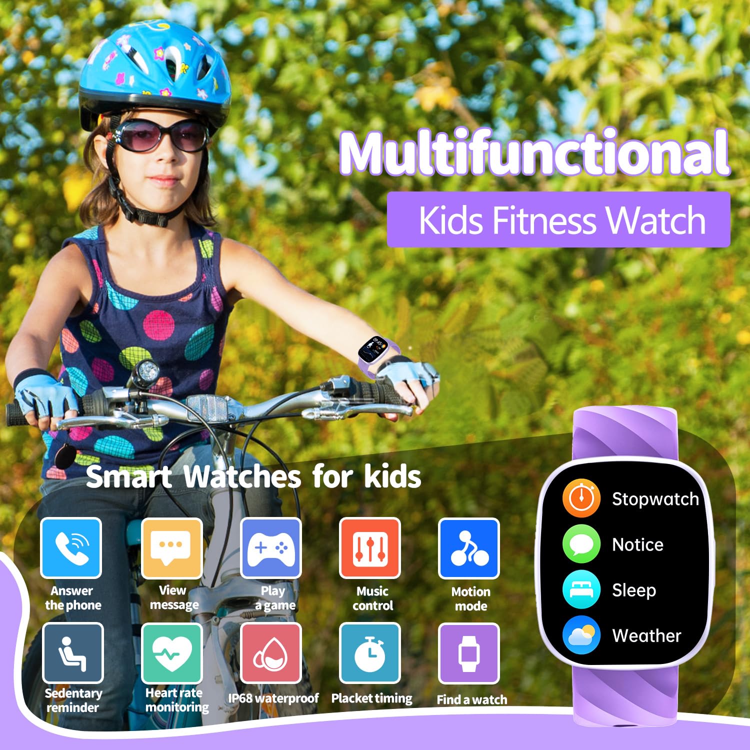 Smart Watch for Kids, Kids Fitness Tracker Watch for Boys Girls Ages 5-15, Activity Tracker, Heart Rate Sleep Monitor, IP67 Waterproof, Pedometer, Sport Modes, Puzzle Game (Purple)