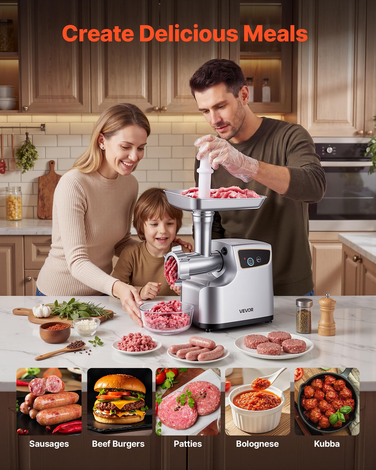 VEVOR Tritacarne Elettrica 700 W da Cucina in Acciaio Inox, Tritacarne Capacità 2,3 kg/min con 3 Dischi 3 Tubi per Salsicce Salami Carne con Piedini Antiscivolo, Cucina Commerciale Ristorante Hotel