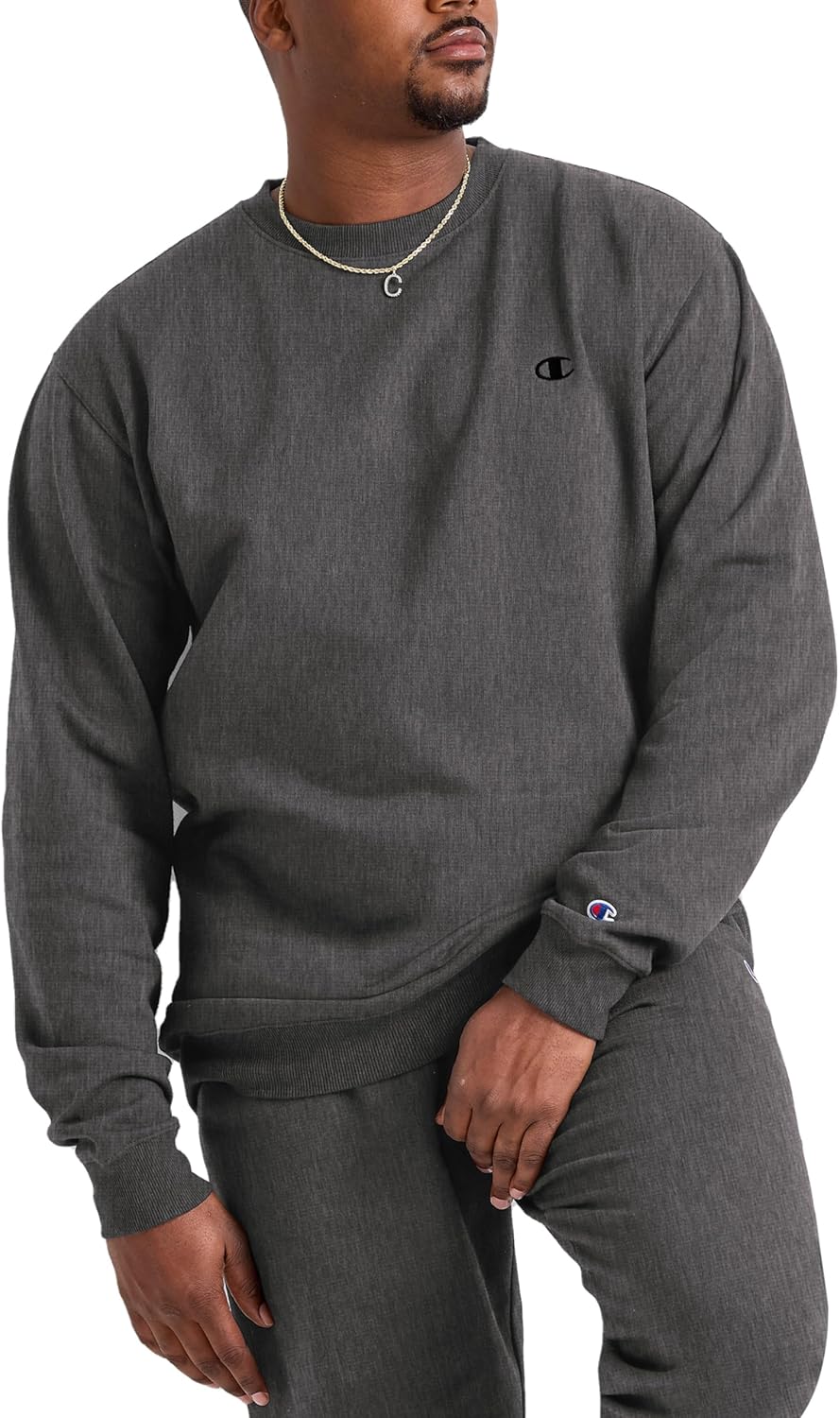 Champion Men's Crewneck Fleece Sweatshirt, Standard Fit, Midweight, C Logo, Available in Regular and Big & Tall, Granite Heather - C Logo, Large Tall