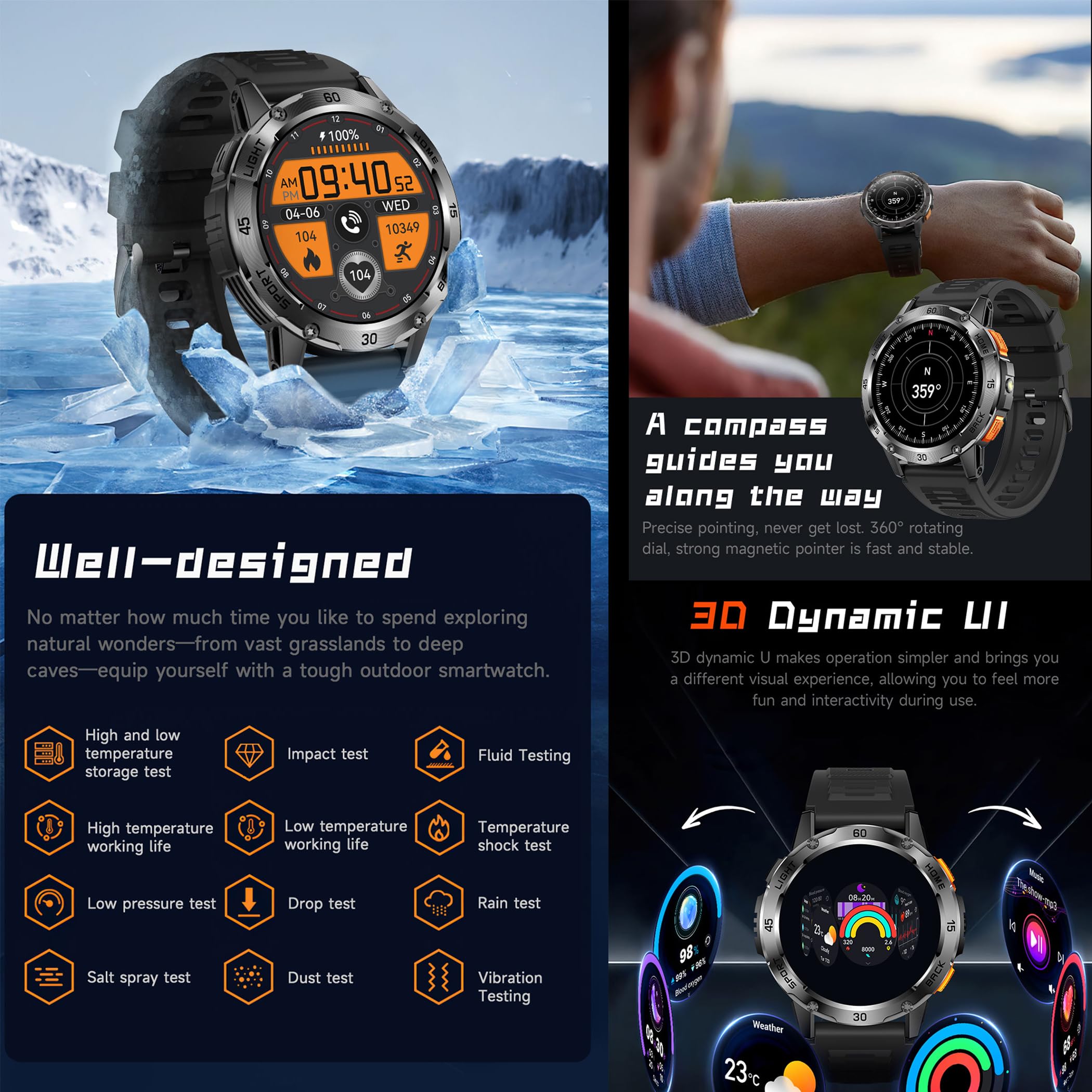 Reloj inteligente para hombre con llamadas Bluetooth, linterna, batería grande de 400mAh, 1,53" AMOLED 5ATM, reloj de fitness con SpO2, medición de presión arterial, frecuencia cardíaca, podómetro
