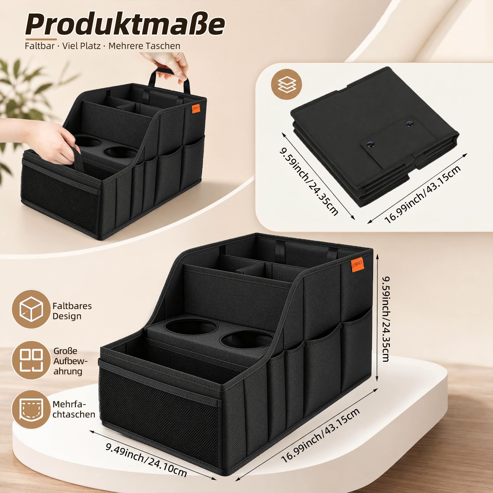 Auto Organizer – stabil, faltbar – 9 Fächer, 2 Getränkehalter – auto organizer für Rücksitz & Beifahrersitz – viel Platz – ideal für Reisen (Schwarz)