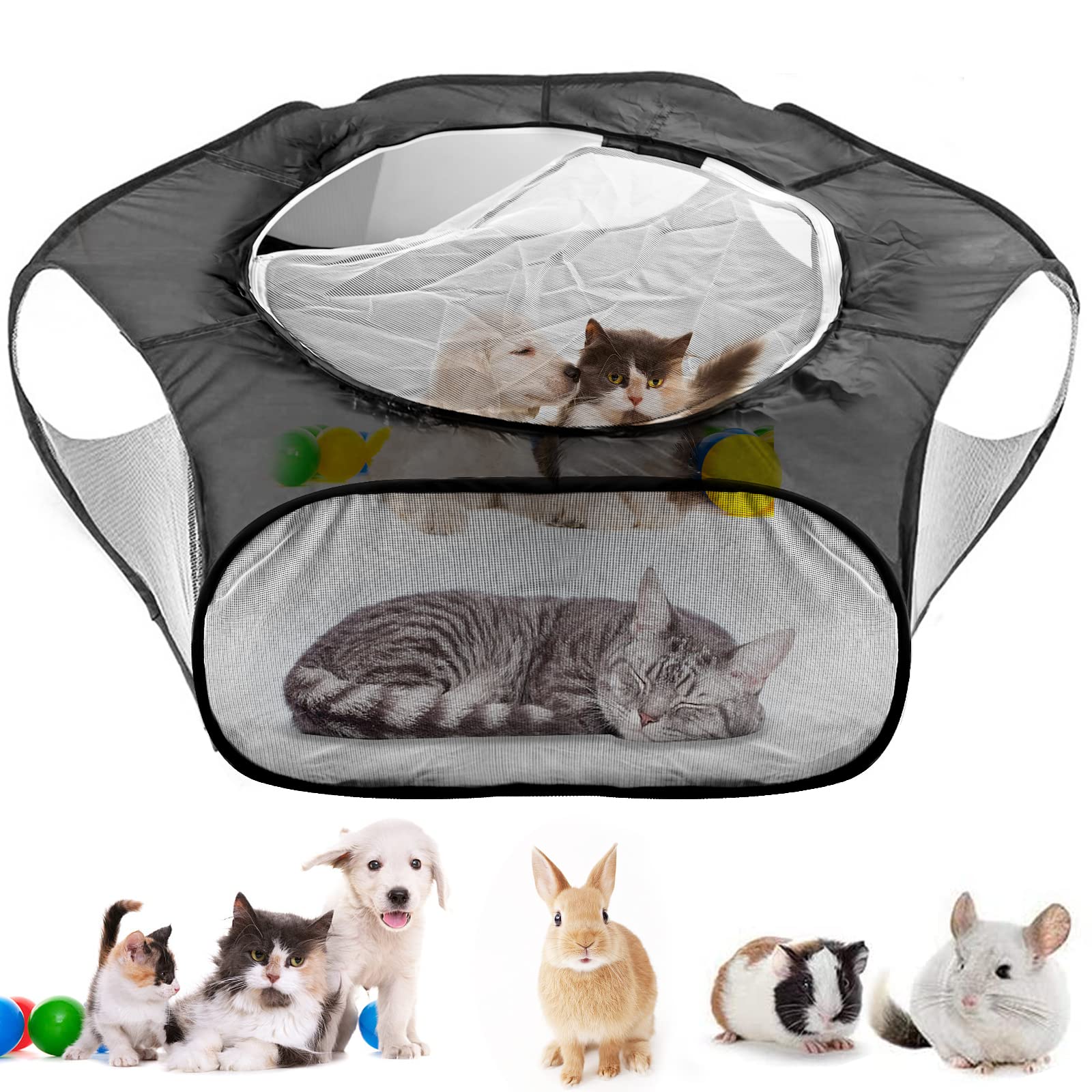 Corralito Portátil para Animales Pequeños,Mascota Hexagonal Plegable,Valla de Patio Transpirable con Cubierta al Aire Libre,Apto para Cachorros,Conejos,Hámsters,Cerdo,Conejitos y Loros