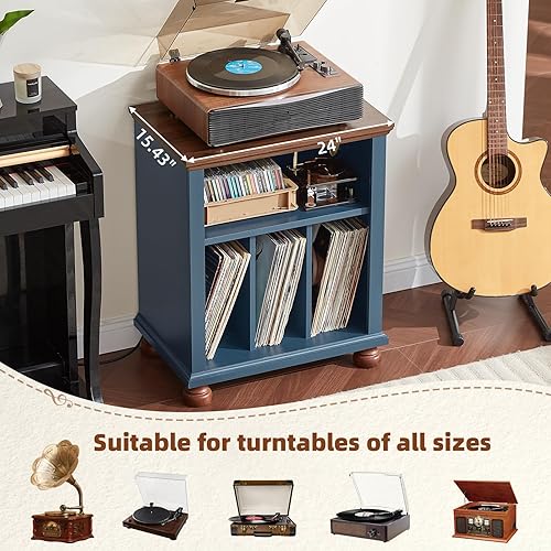 Miniatura 5 de Soporte para tocadiscos con estación de carga de hasta 200 álbumes, mesa de tocadiscos de mediados de siglo de 24 pulgadas de ancho con