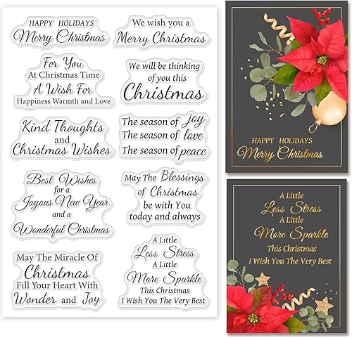 ORIGACH Sellos transparentes de Feliz Navidad con palabras de bendición, sellos de silicona para hacer tarjetas de Navidad, álbumes de recortes,