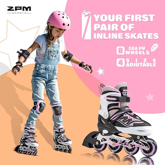 2pm Sports Adjustable Inline Skates, Stylish Design Beginner Roller Skates for Boys and Girls