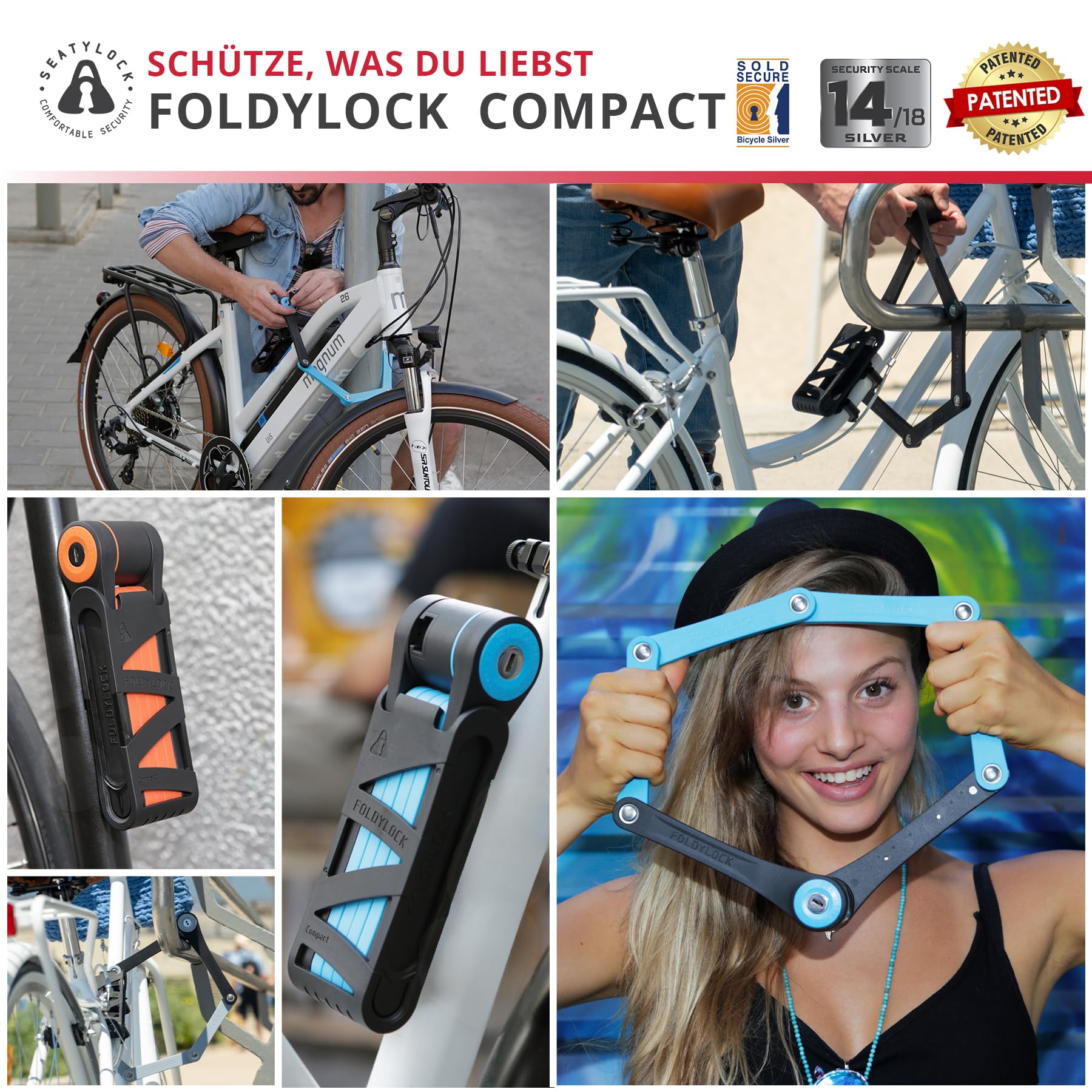 FoldyLock Compact Fahrrad Faltschloss – Patentiertes Testsieger Fahrradschloss mit Schlüssel und Halterung für Hohe Sicherheit – Leicht und Sicher für Ebike, e Scooter und Roller – 85 cm