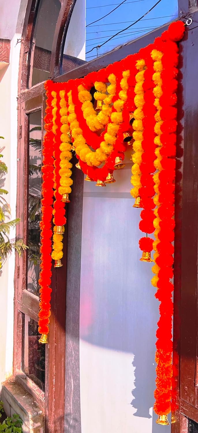 Artificial Fluffy Flower Marigold with Bell Door Hanging Bandanwar Colour Yellow & Orange, Size 40X52 Inch Pack of 1 (B0029), Medium