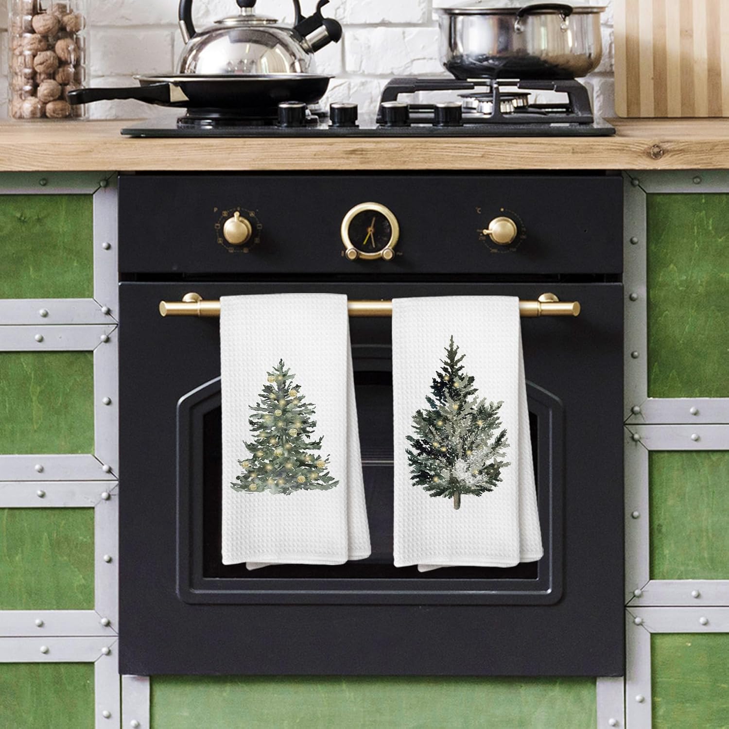 Winter Christmas Tree Kitchen Towels, Vintage Christmas Tree Decor, Farmhouse Green Xmas Tree Holiday Hand Dish Tea Towels for Bathroom Kitchen, 16x24 Inch Set of 4 - Image 3
