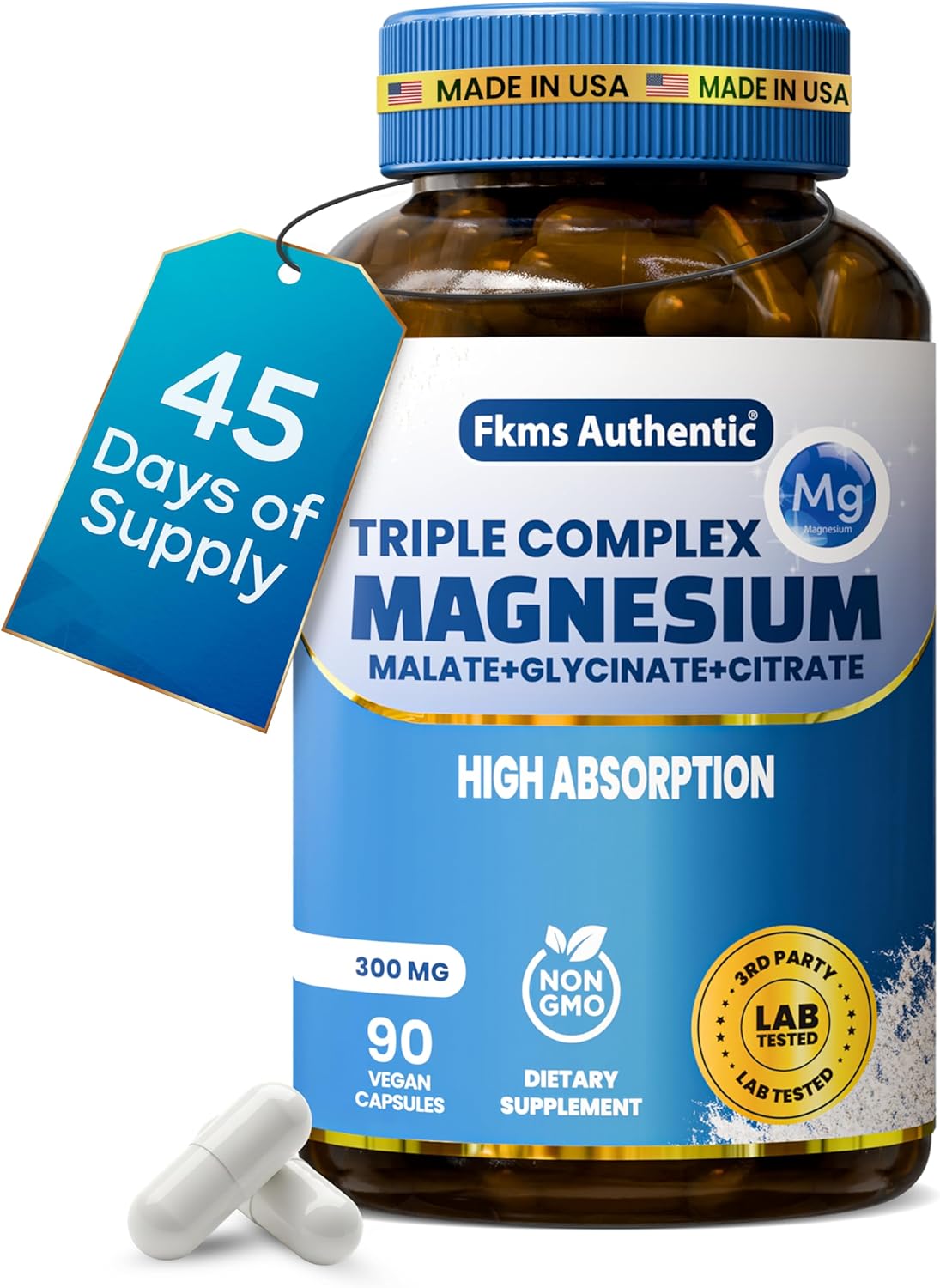 FKMS Authentic Triple Magnesium Complex | 300mg Magnesium Glycinate, Malate & Citrate for Sleep, Stress & Muscle Support | Non-GMO, Vegan, Gentle on Stomach | High Absorption | 90 Capsules