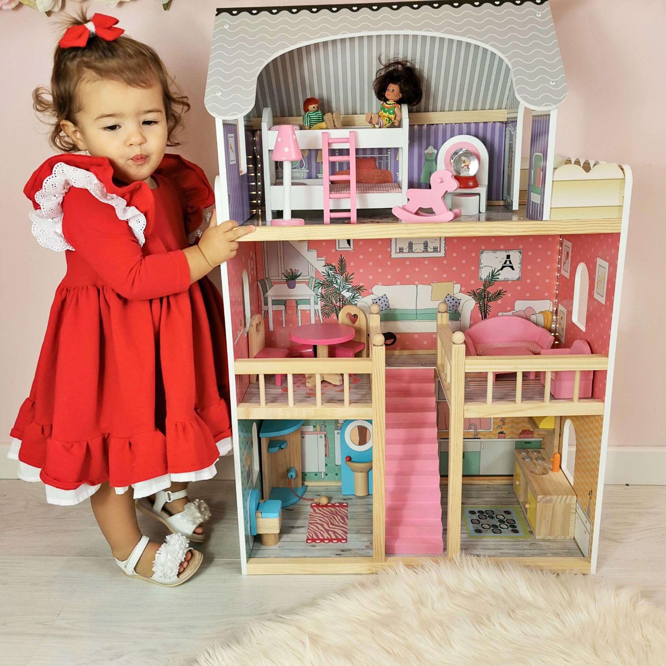 mamabrum Casa delle Bambole in Legno XXL – 3 Piani con LED e Mobili Inclusi – Casa Bambole 90x60x30 cm – Design Pastello Sicuro ed Educativo – Giocattolo per Bambine dai 3 Anni