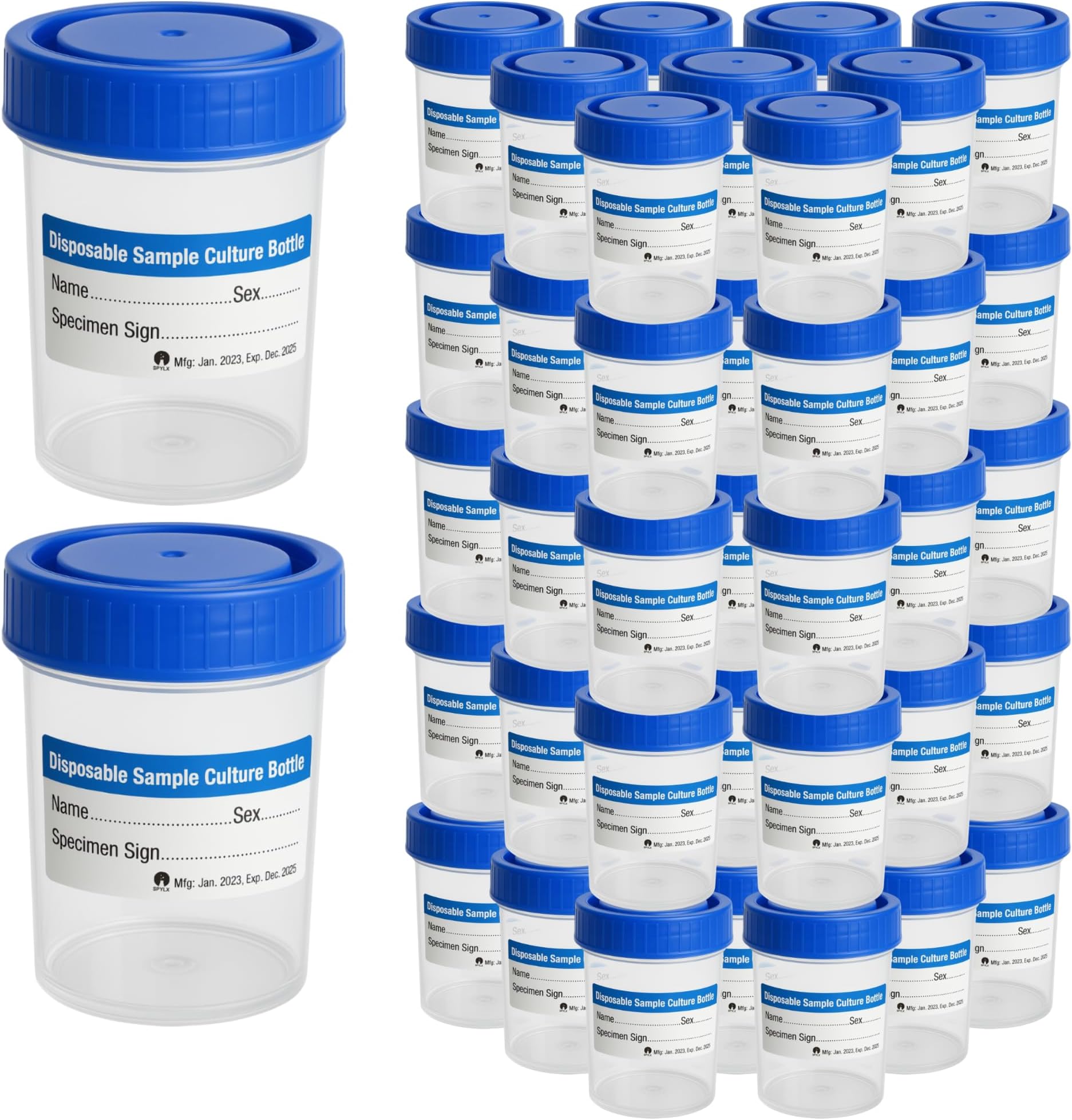LABCARE Specimen & Urine Sample Container - 50ml Each | Transparent Urine Containers Leak-Resistant Screw-On Lids & Labels | 3-inch Sample Jars | For Labs, Hospital & Clinic Use - Pack Of 50