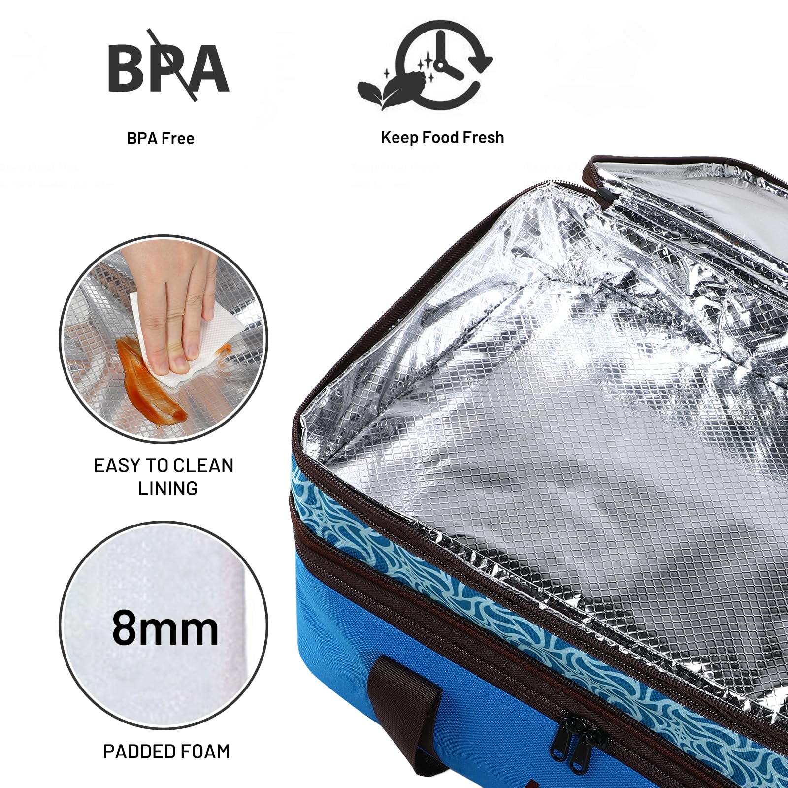 MIER Bolsa de transporte de doble cacerola térmica para equipaje de lasaña, fiestas de comida, picnic, playa, se adapta a platos de hornear de 9 x 13 pulgadas, cacerola, expandible por cremallera
