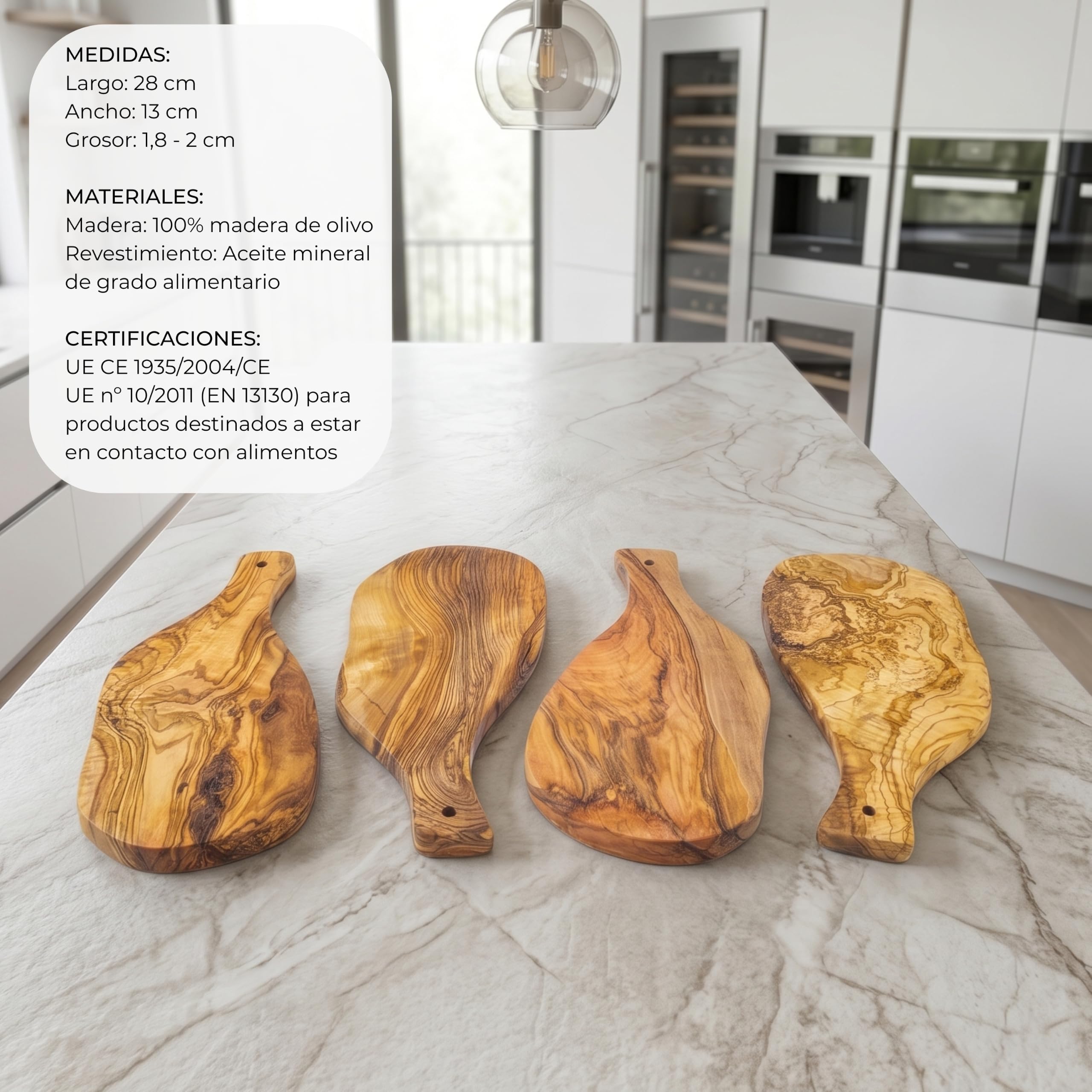 Erreke Tabla de Madera de Olivo Natural, Set de 4, 28 x 13 cm, Uso Diario | Set de 4 Tablas Pequeñas. Tabla Madera Cocina. Servir Quesos Embutidos Tapas. Estilo Mediterráneo. Para Cocina y Mesa