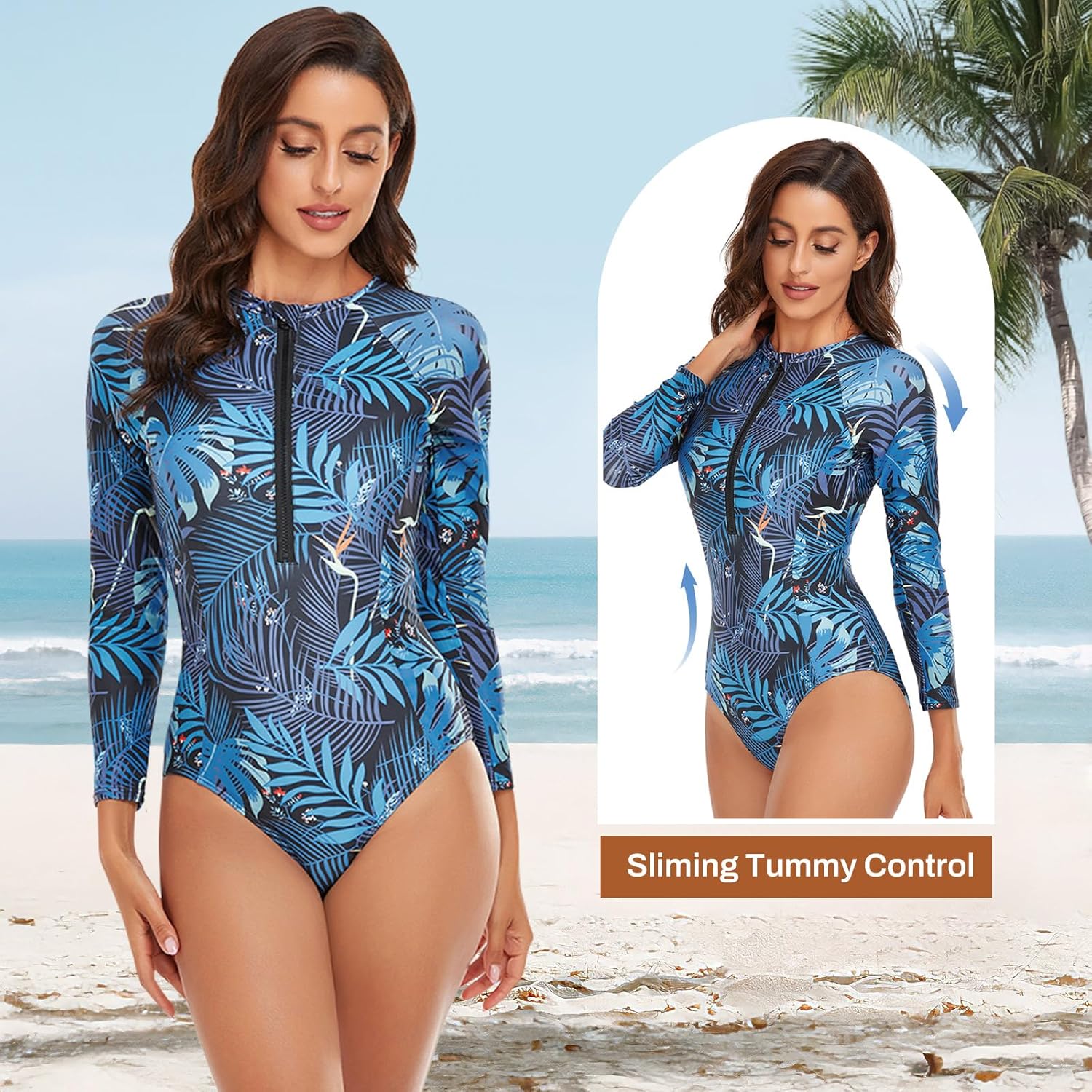 Rash Guard Long Sleeve One Piece Swimsuit for Women Zip Up Bathing Suits Sun Protection Swimwear with Built in Bra - Image 5