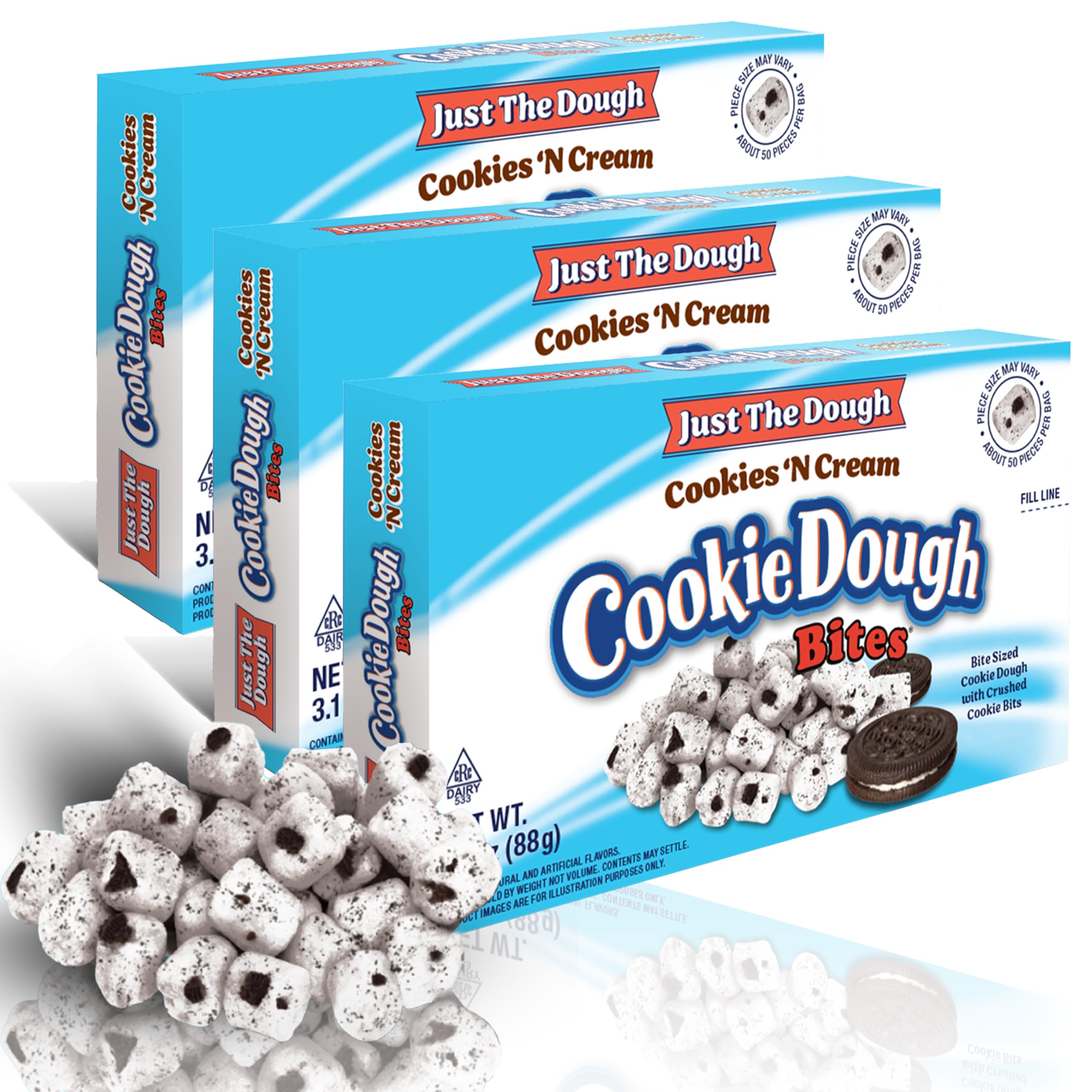Cookie Dough Bites Just The Dough Cookies N Cream | 3.1 oz (Pack of 3) | The Original Edible Cookie Dough | Movie Theater Candy