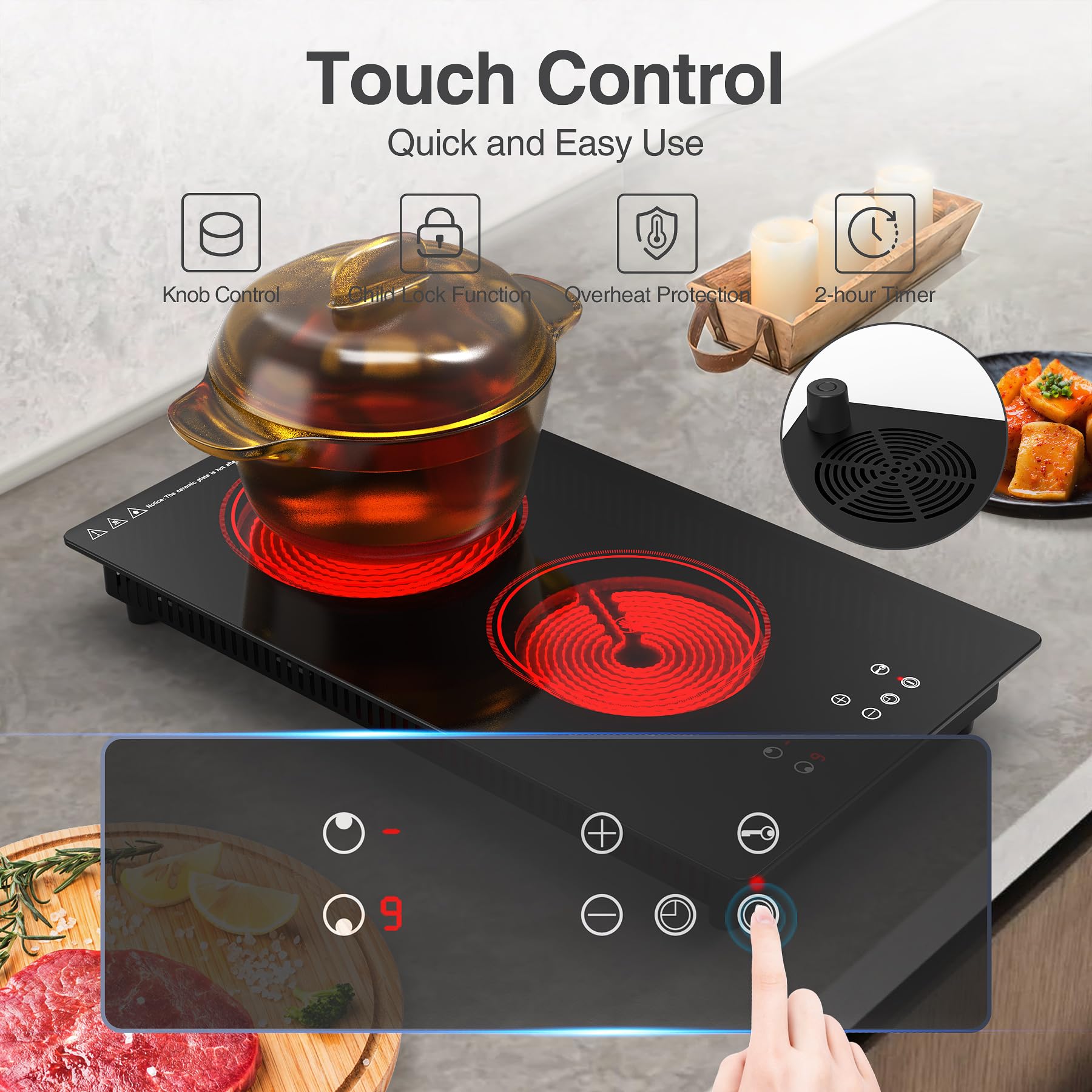 Cocina eléctrica, estufa eléctrica incorporada y de encimera, quemador eléctrico de 2100 W 110 V, 9 niveles de calefacción, temporizador y bloqueo de seguridad para niños, control táctil con 8