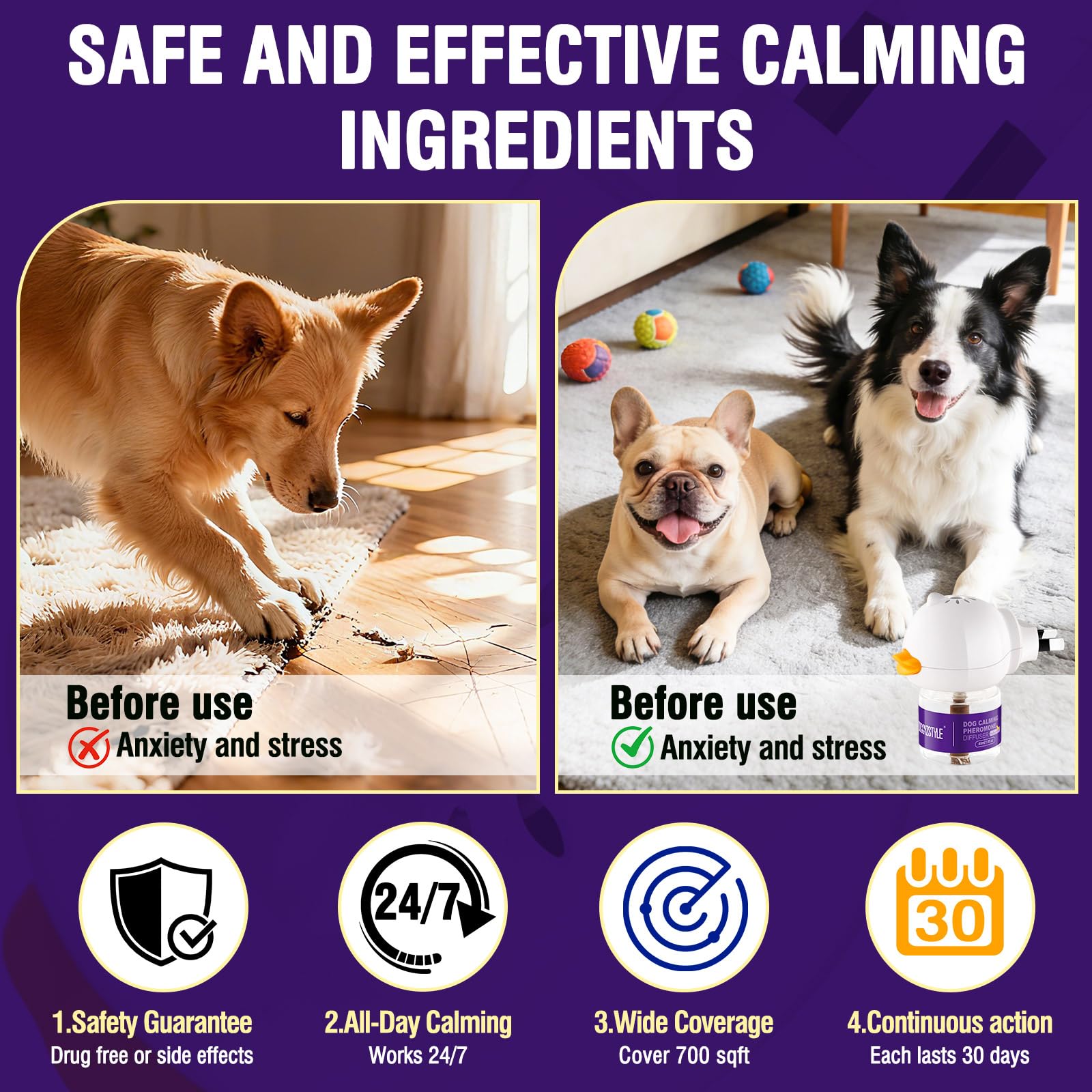 Difusor De Feromonas Calmantes para Perros,Alivio Natural De Ansiedad para Perros,Reduce Eficazmente El Estrés Y El Ladrido,Adecuado para Todas Las Razas,2 Recambios