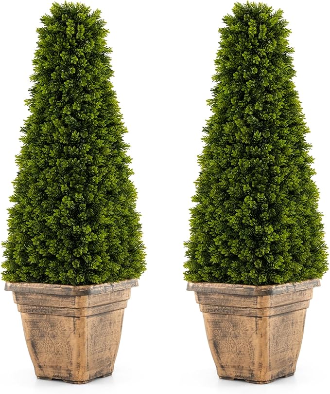 Goplus 3ft Artificial Boxwood Topiary Tree, 2 Pack Cone-Shaped Faux Potted Plants with Cement Flowerpot, Fake Evergreen Artificial Topiary for Indoor Outdoor Home Front Porch Decor