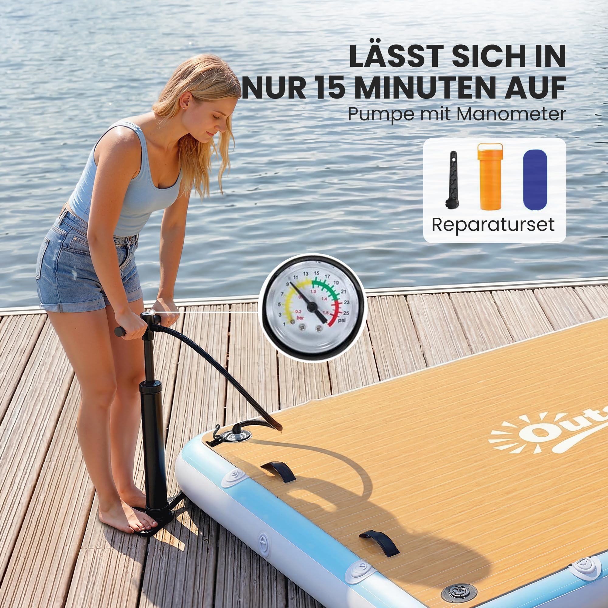Outsunny Aufblasbares Dock Schwimmdock 2,4x1,8m Aufblasbar Schwimmende Plattform für 4-6 Personen mit rutschfest Oberfläche Abnehmbarer Leiter Luftpumpe Tragetasche Wasser Dockplattform für See Pool
