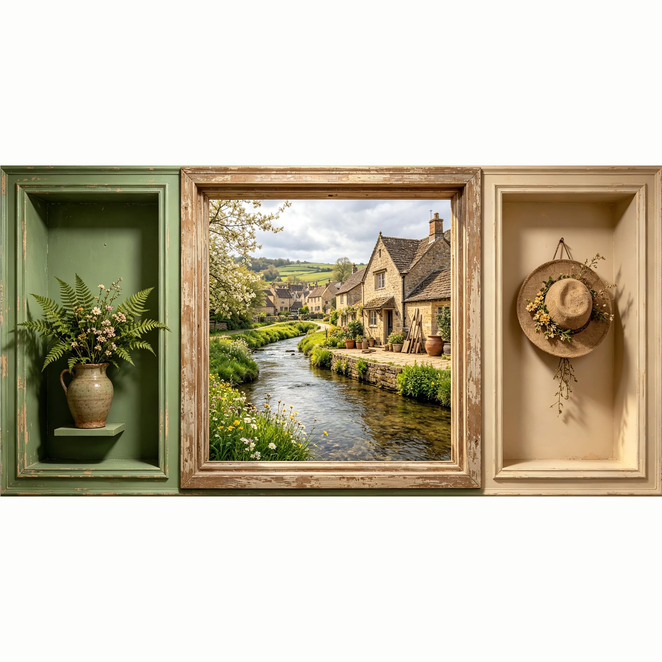 QZLITHOTIC 50x100cm 3D Framed Wall Art， English Village Riverside Landscape Farmhouse Mural， Water‑Activated Peel & Stick Fabric Decor Wall Decal for Bedroom Living Room