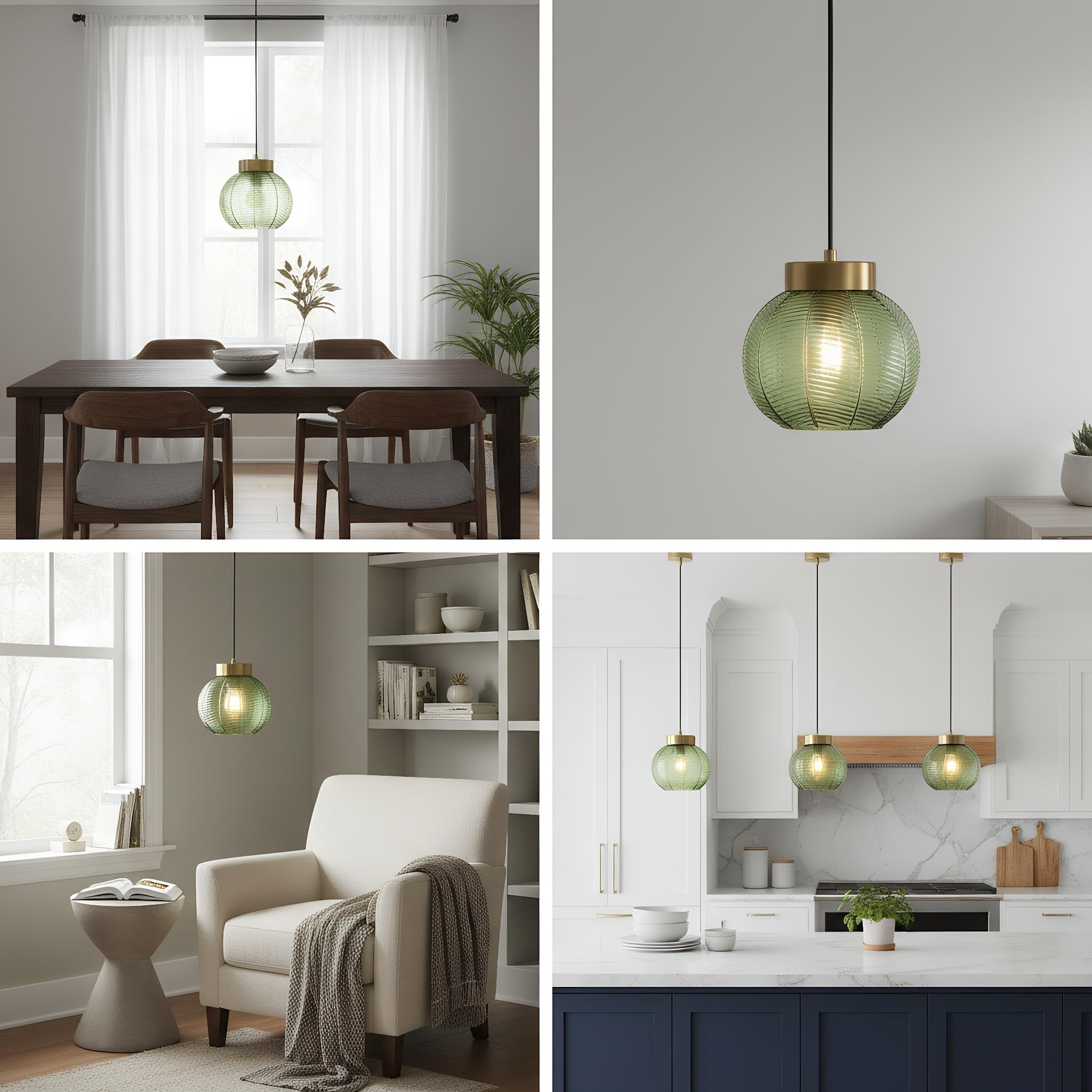 Lampada a Sospensione Vintage,Sfere in Vetro con Venature Fogliari, Metallo Oro E27 Lampadario Sospeso da Soffitto per Camera da letto, Sala da pranzo, Loft e Ristoranti (Verde, 20cm)