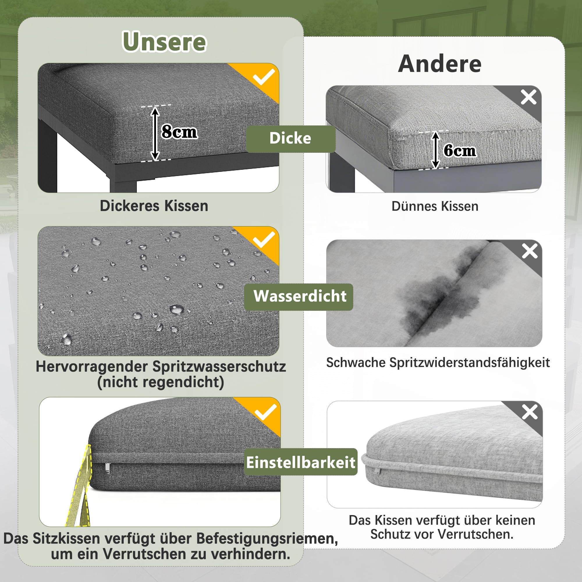 Mrwoo Halbmond Sofaset für 8 Personen mit Glastisch, 1 Sessel & 2 Hocker, Wetterfeste Gartenmöbel aus Eisengestell mit grauen Polstern für Terrasse & Balkon (Grau)
