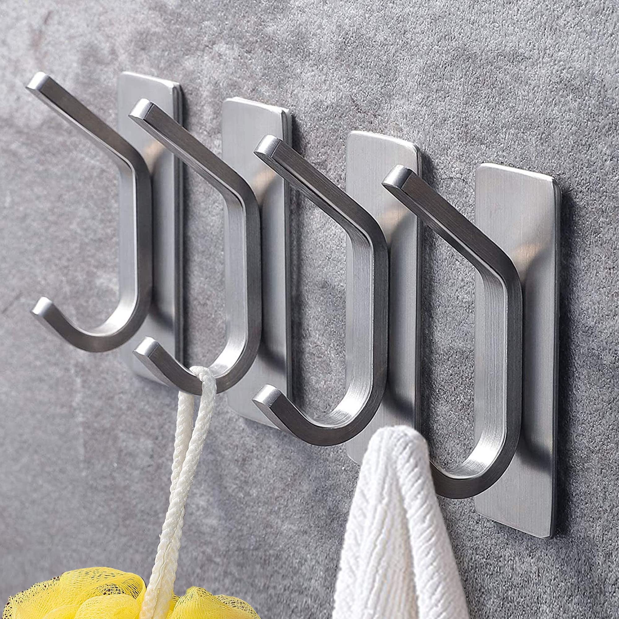 EXGOX 4 Packs Self Adhesive Hooks,Stainless Steel Wall Hooks Double Hook Design Heavy Duty Coat Sticky Hanging Robe Kitchen Bathroom Bedroom,Hanging Towels,Bags, 4pc-silver (GG04)