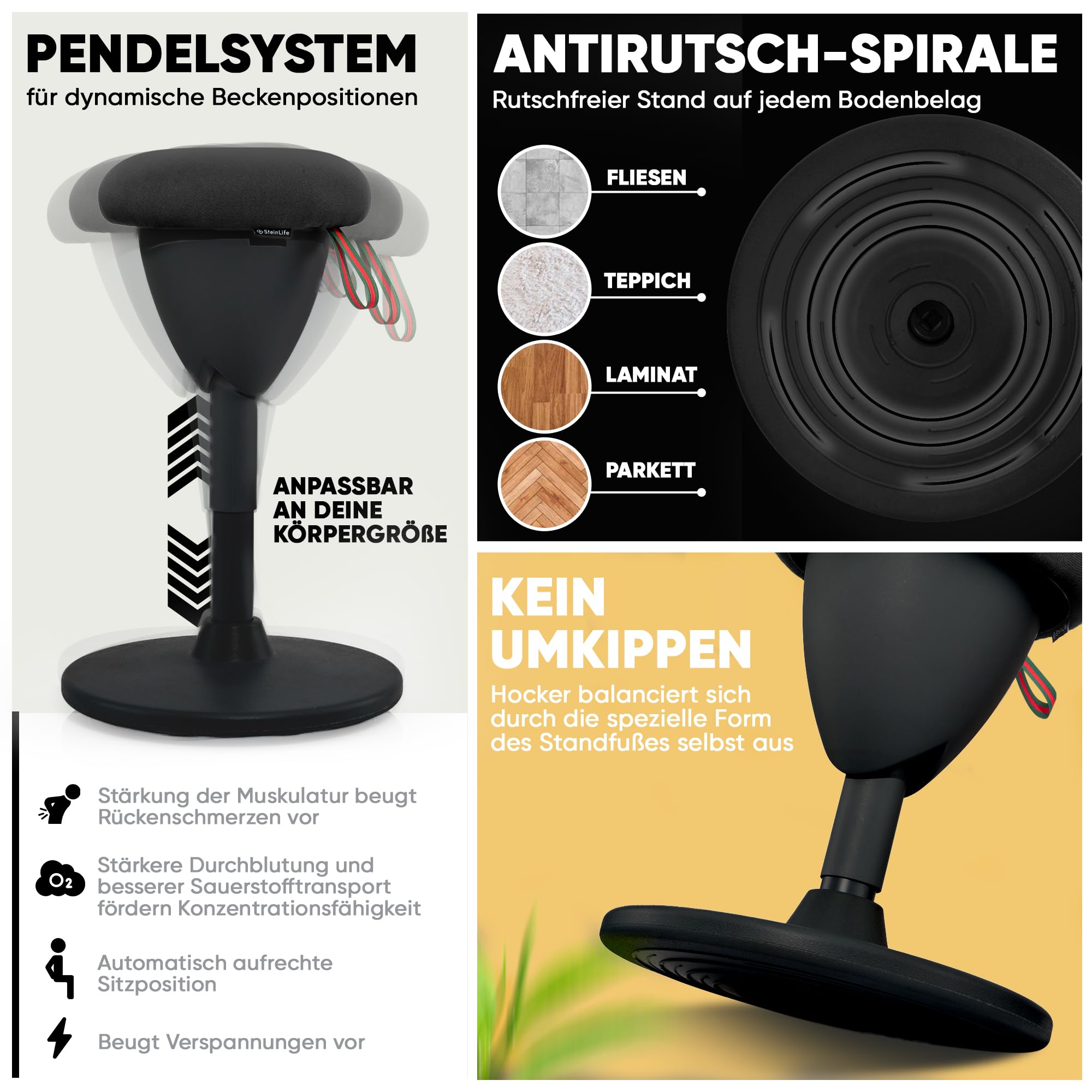 Bürohocker Ergonomisch TESTSIEGER Sitzhocker Höhenverstellbar 48-68cm Schwingeffekt Wackelhocker Stehhocker Arbeitshocker rutschfest Rund